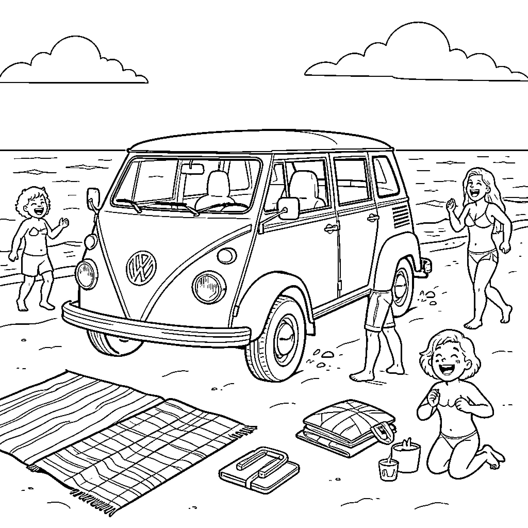 VW Thing enjoying the beach with friends Coloring Page (free black-and-white line drawing printable PDF for all, from beginners to advanced learners, including children, teens, adults, and seniors)
