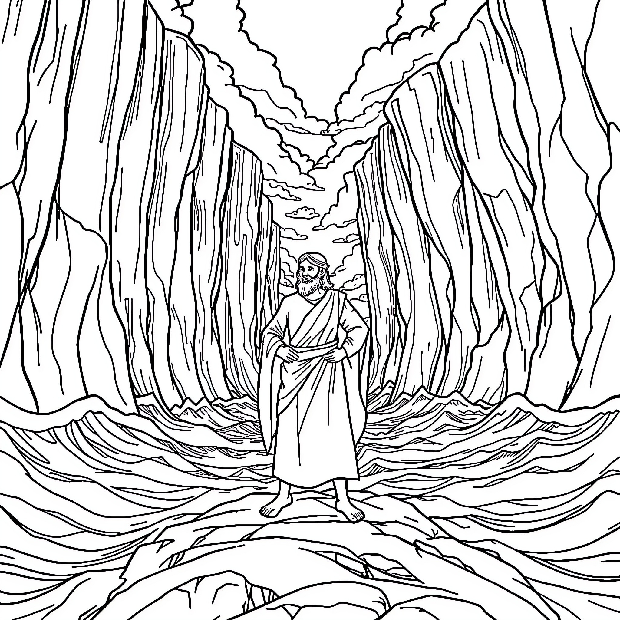 Moses Parting the Sea in a Dramatic Landscape Coloring Page (free black-and-white line drawing printable PDF for all, from beginners to advanced learners, including children, teens, adults, and seniors)