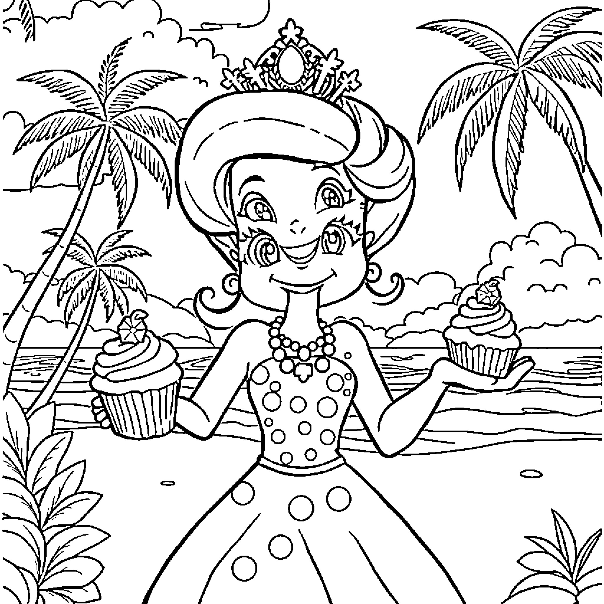 Princess Enjoying Tropical Treat on the Beach Coloring Page (free black-and-white line drawing printable PDF for all, from beginners to advanced learners, including children, teens, adults, and seniors)