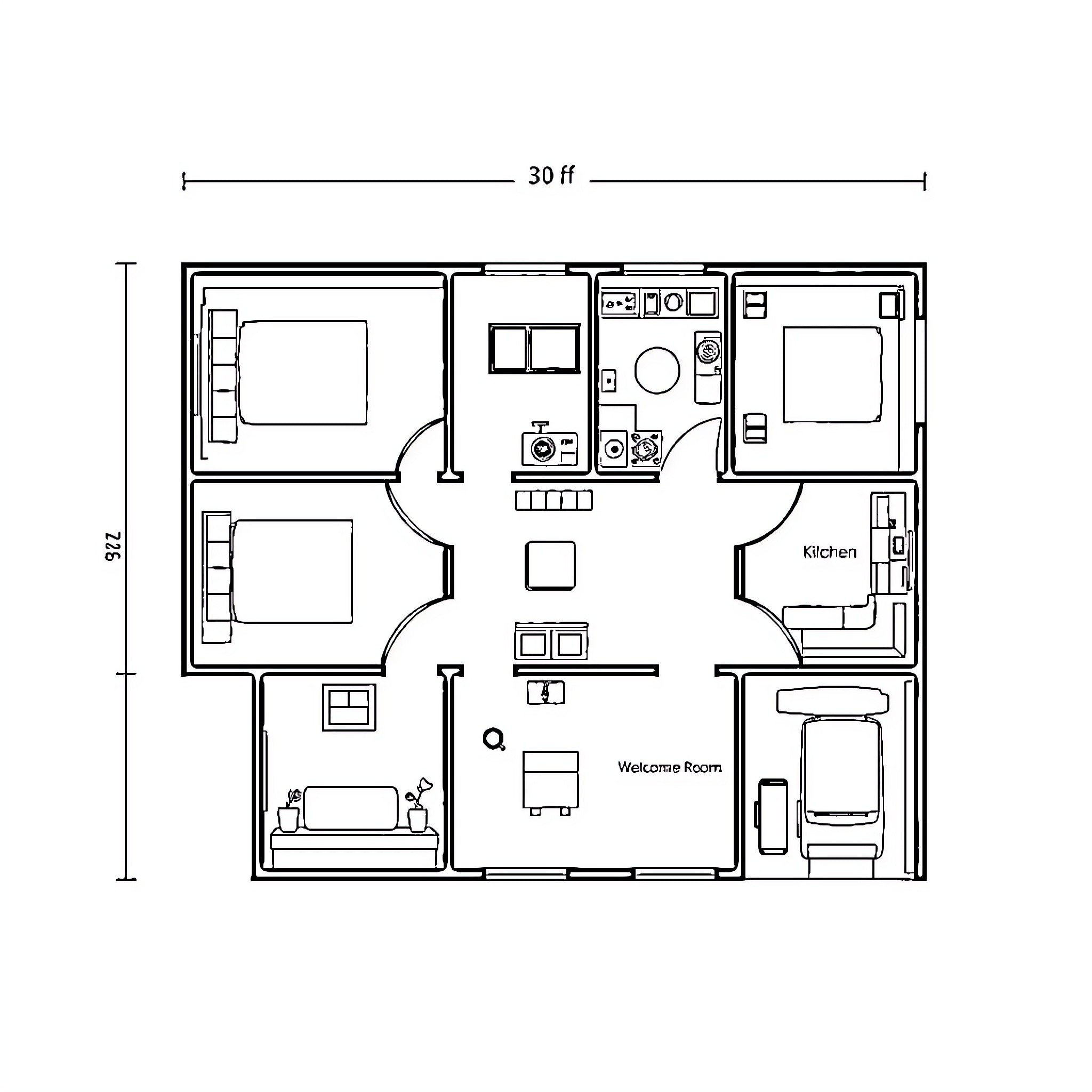 House plan with living room, bedrooms, and kitchen Coloring Page (free black-and-white line drawing printable PDF for all, from beginners to advanced learners, including children, teens, adults, and seniors)