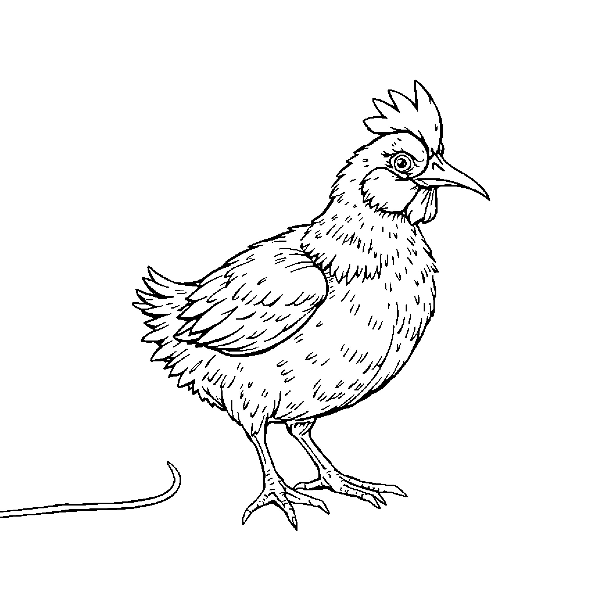 Poule perching with distinctive features Coloring Page (free black-and-white line drawing printable PDF for all, from beginners to advanced learners, including children, teens, adults, and seniors)
