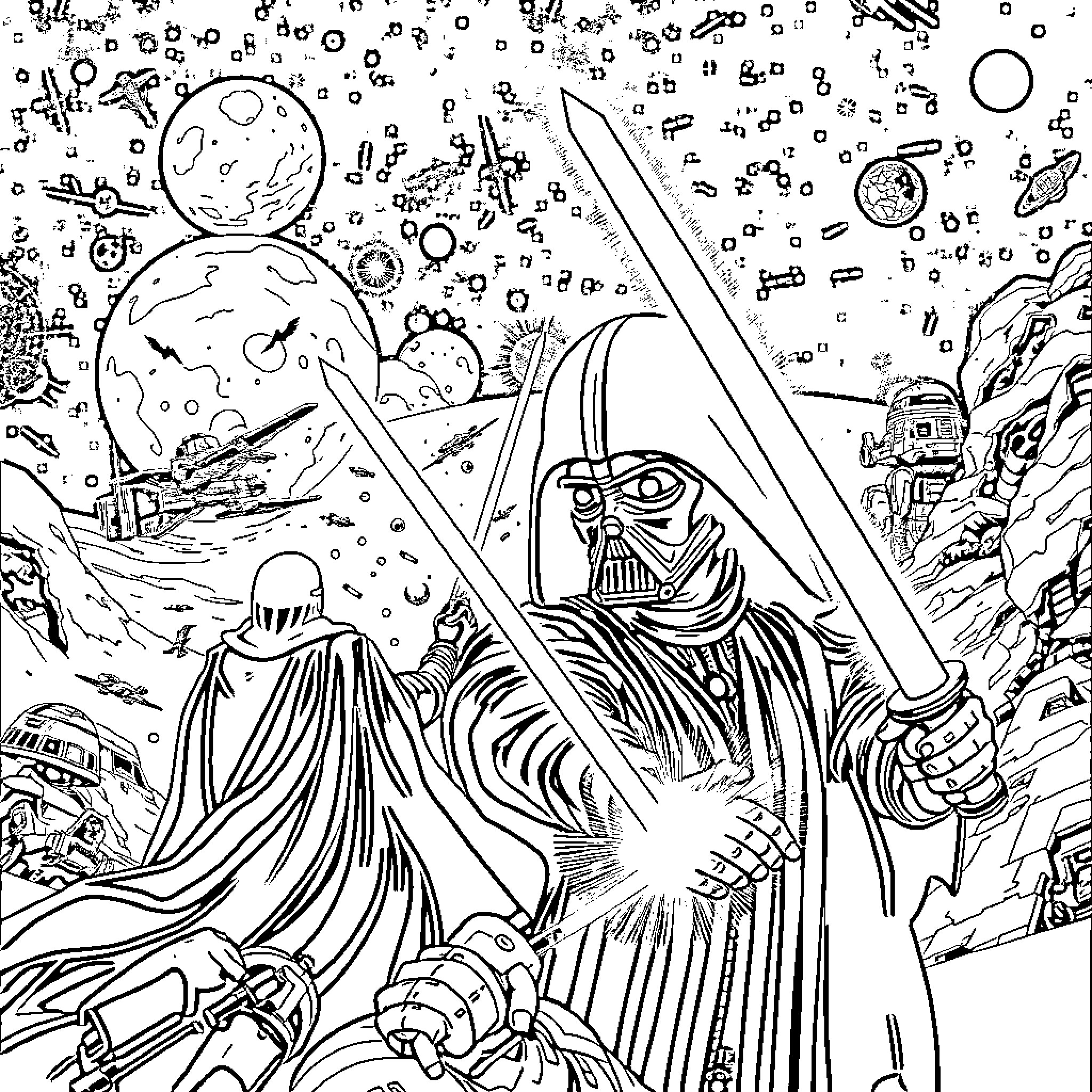 Star Wars: Galactic Space Adventure Coloring Page (free black-and-white line drawing printable PDF for all, from beginners to advanced learners, including children, teens, adults, and seniors)