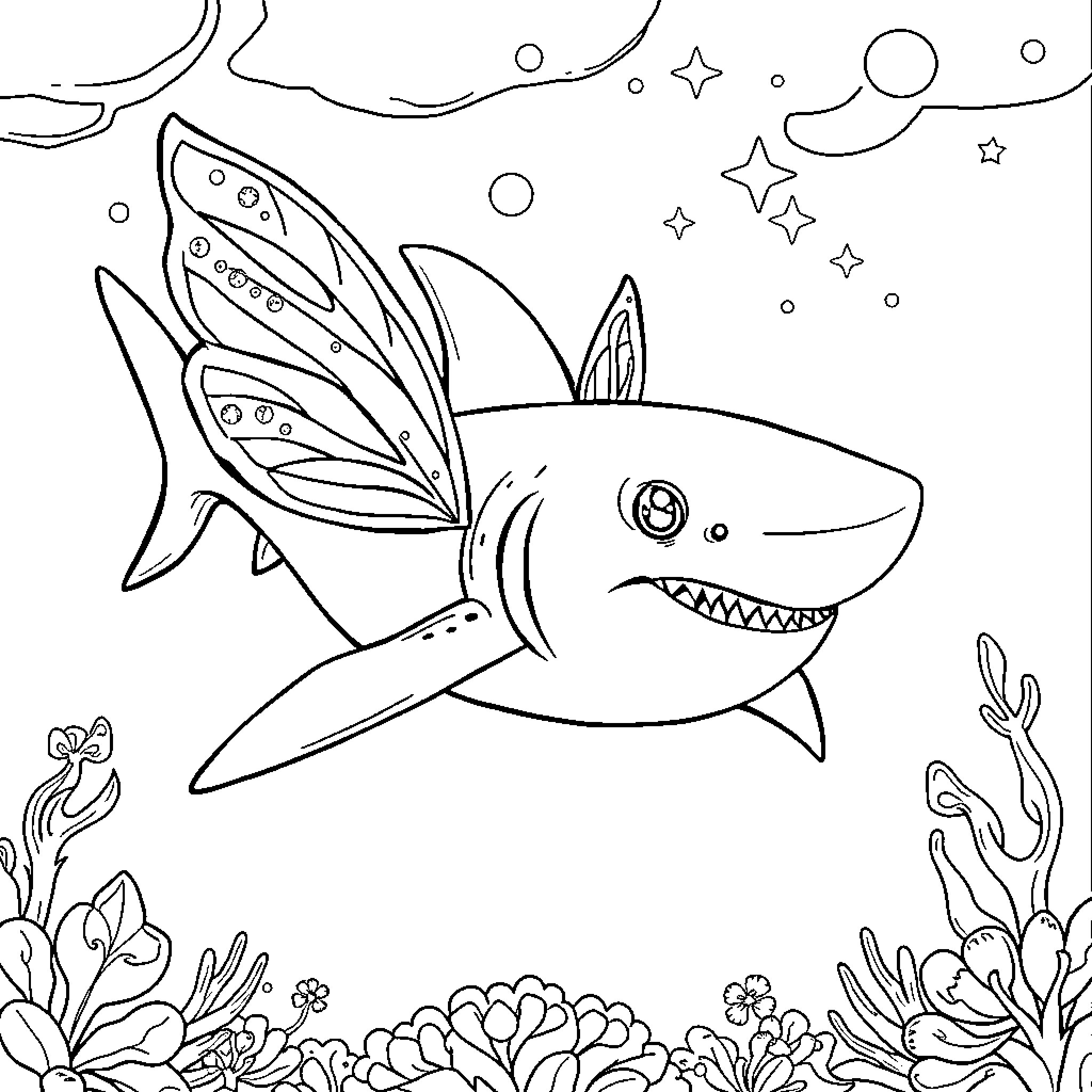 Fairy Shark swimming in a magical underwater scene Coloring Page (free black-and-white line drawing printable PDF for all, from beginners to advanced learners, including children, teens, adults, and seniors)