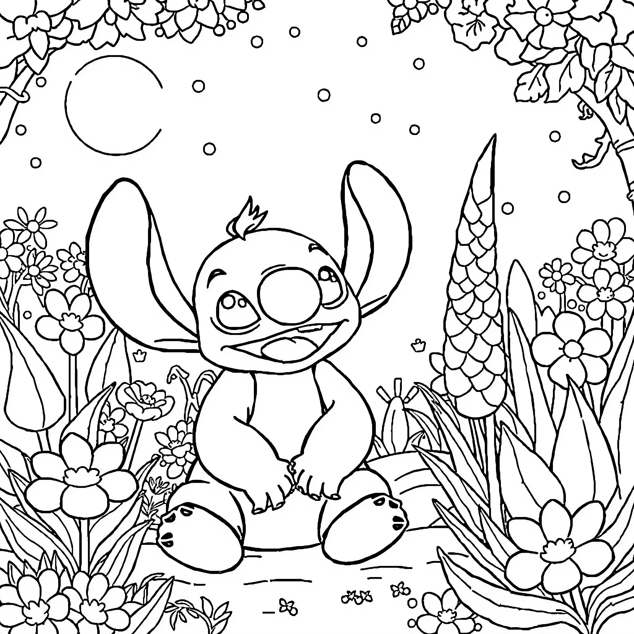 Stitch surrounded by whimsical flowers and nature Coloring Page (free black-and-white line drawing printable PDF for all, from beginners to advanced learners, including children, teens, adults, and seniors)