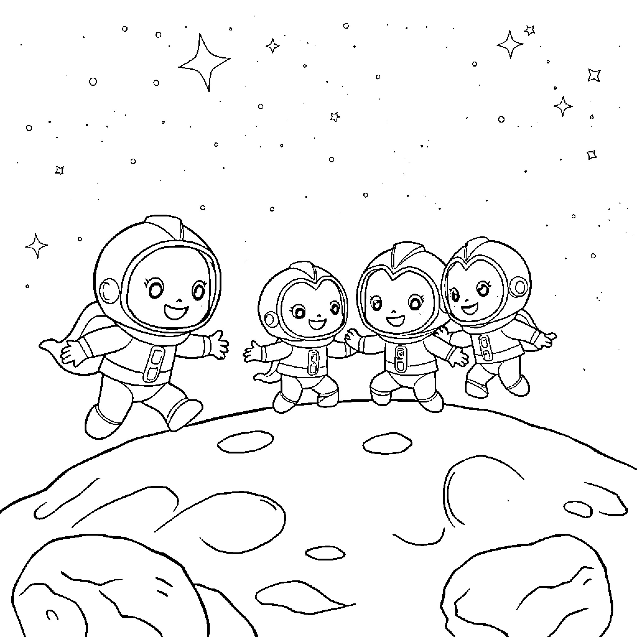 Octonauts exploring the cosmic landscape Coloring Page (free black-and-white line drawing printable PDF for all, from beginners to advanced learners, including children, teens, adults, and seniors)