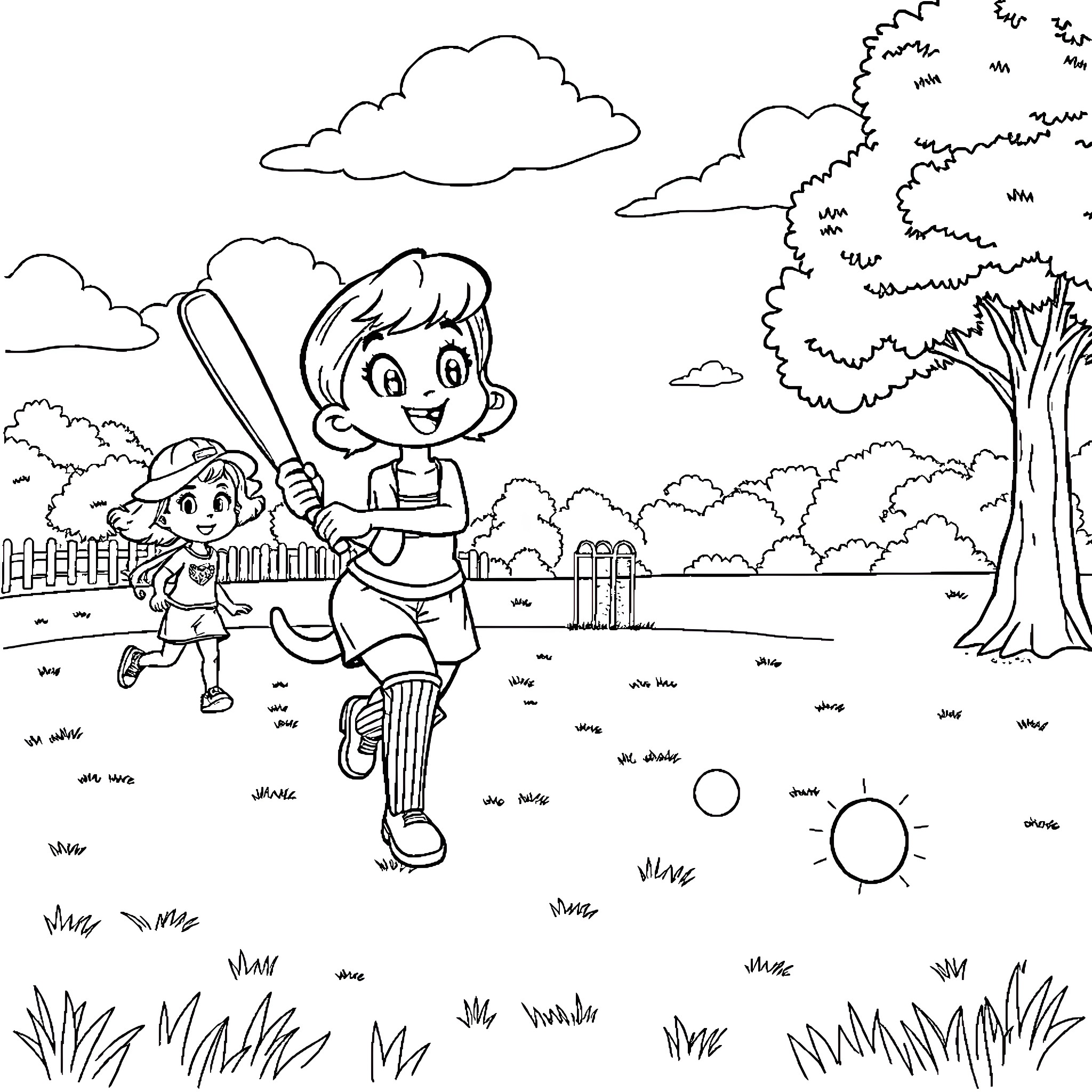 Bluey and Bingo playing cricket in the park Coloring Page (free black-and-white line drawing printable PDF for all, from beginners to advanced learners, including children, teens, adults, and seniors)