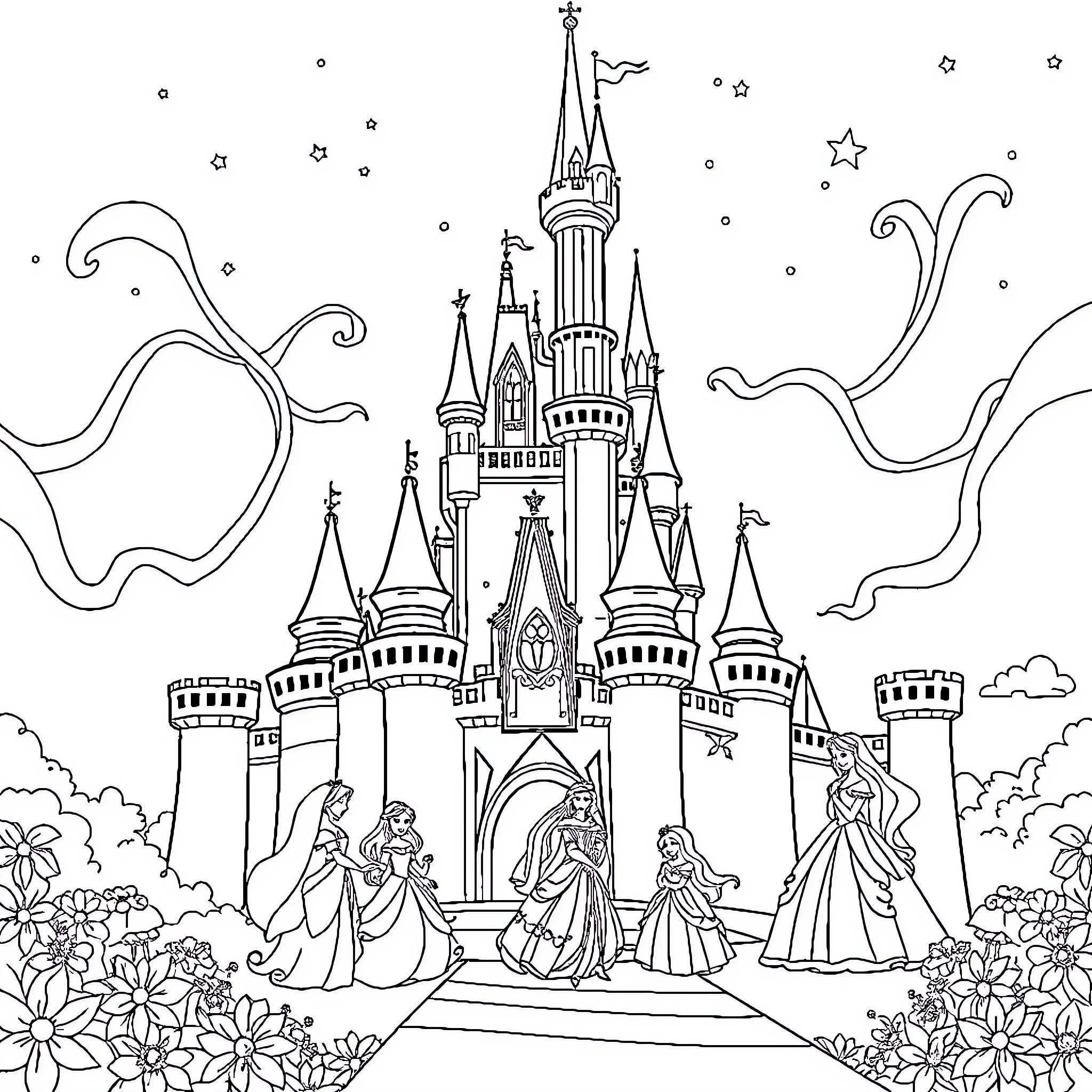 Princess's Enchanting Castle Adventure Coloring Page (free black-and-white line drawing printable PDF for all, from beginners to advanced learners, including children, teens, adults, and seniors)