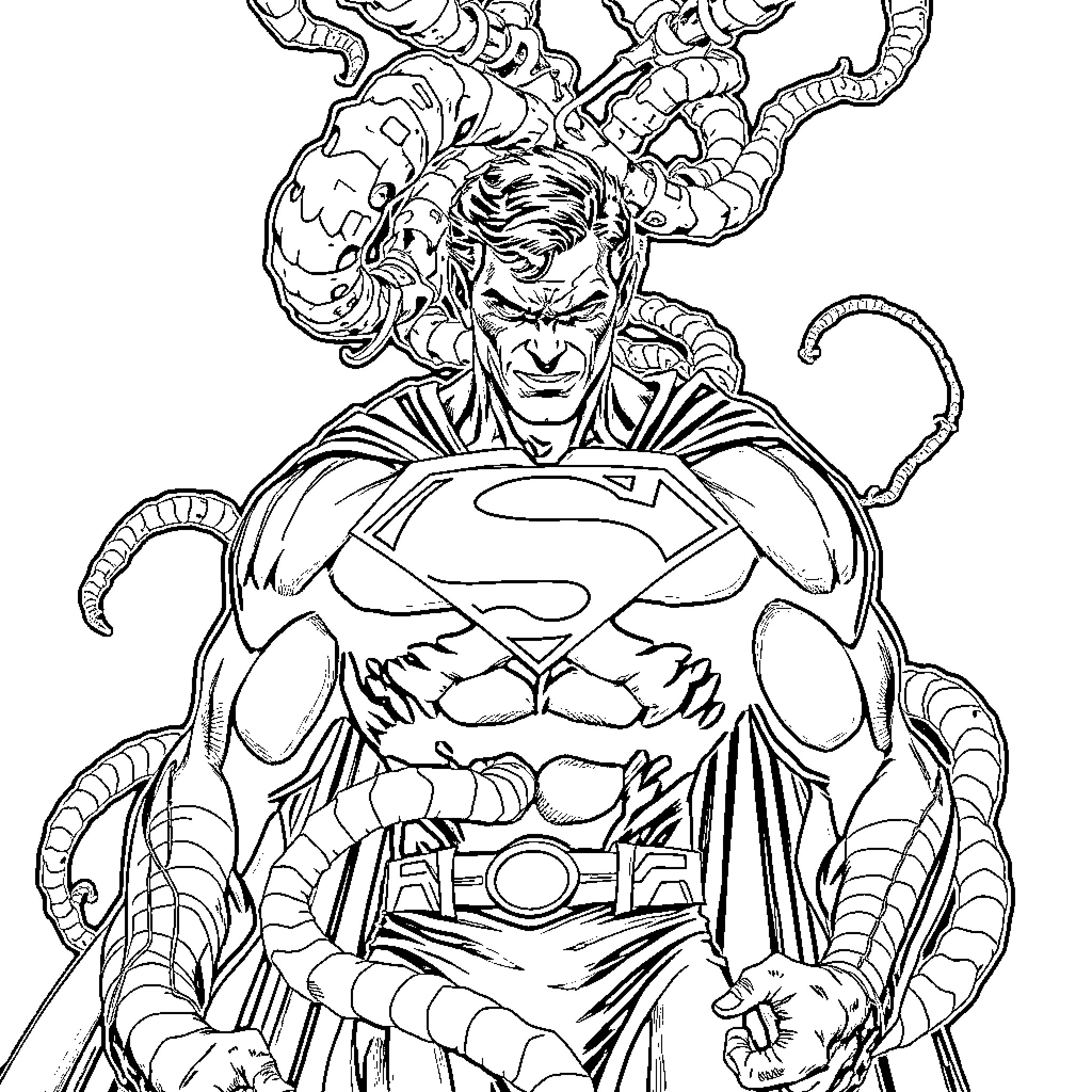 Superman battling monstrous foes in an epic confrontation Coloring Page (free black-and-white line drawing printable PDF for all, from beginners to advanced learners, including children, teens, adults, and seniors)