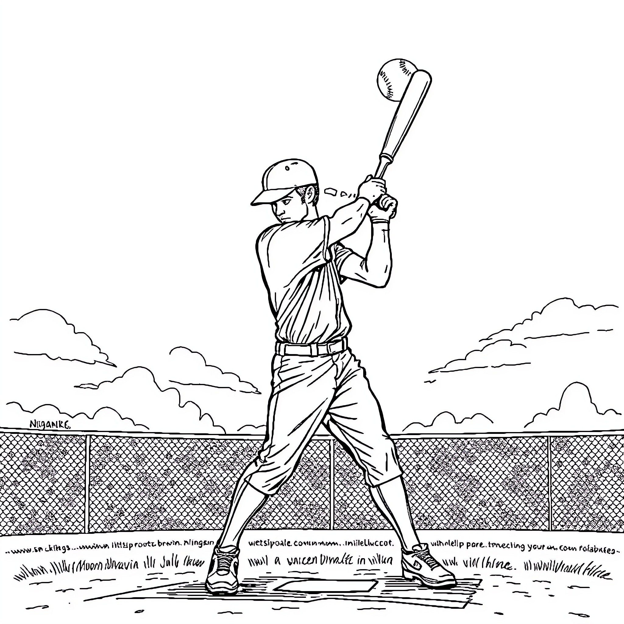 Baseball Player Batting on the Field Coloring Page (free black-and-white line drawing printable PDF for all, from beginners to advanced learners, including children, teens, adults, and seniors)