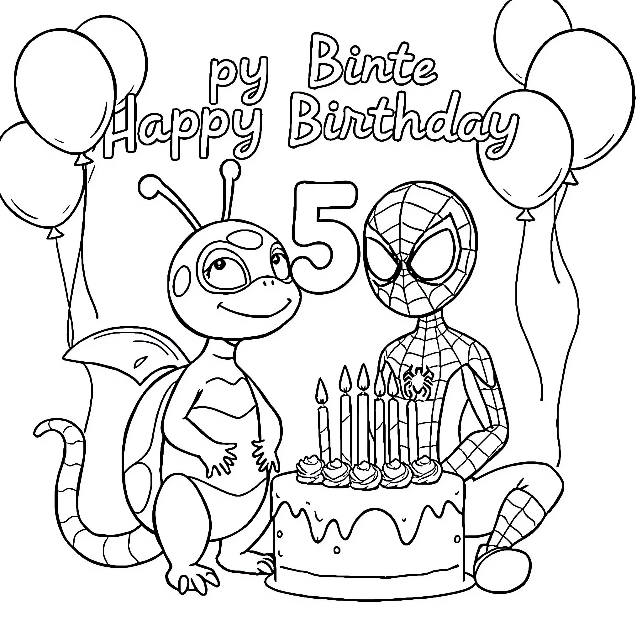 Paw Patrol Characters Celebrate 5th Birthday Coloring Page (free black-and-white line drawing printable PDF for all, from beginners to advanced learners, including children, teens, adults, and seniors)