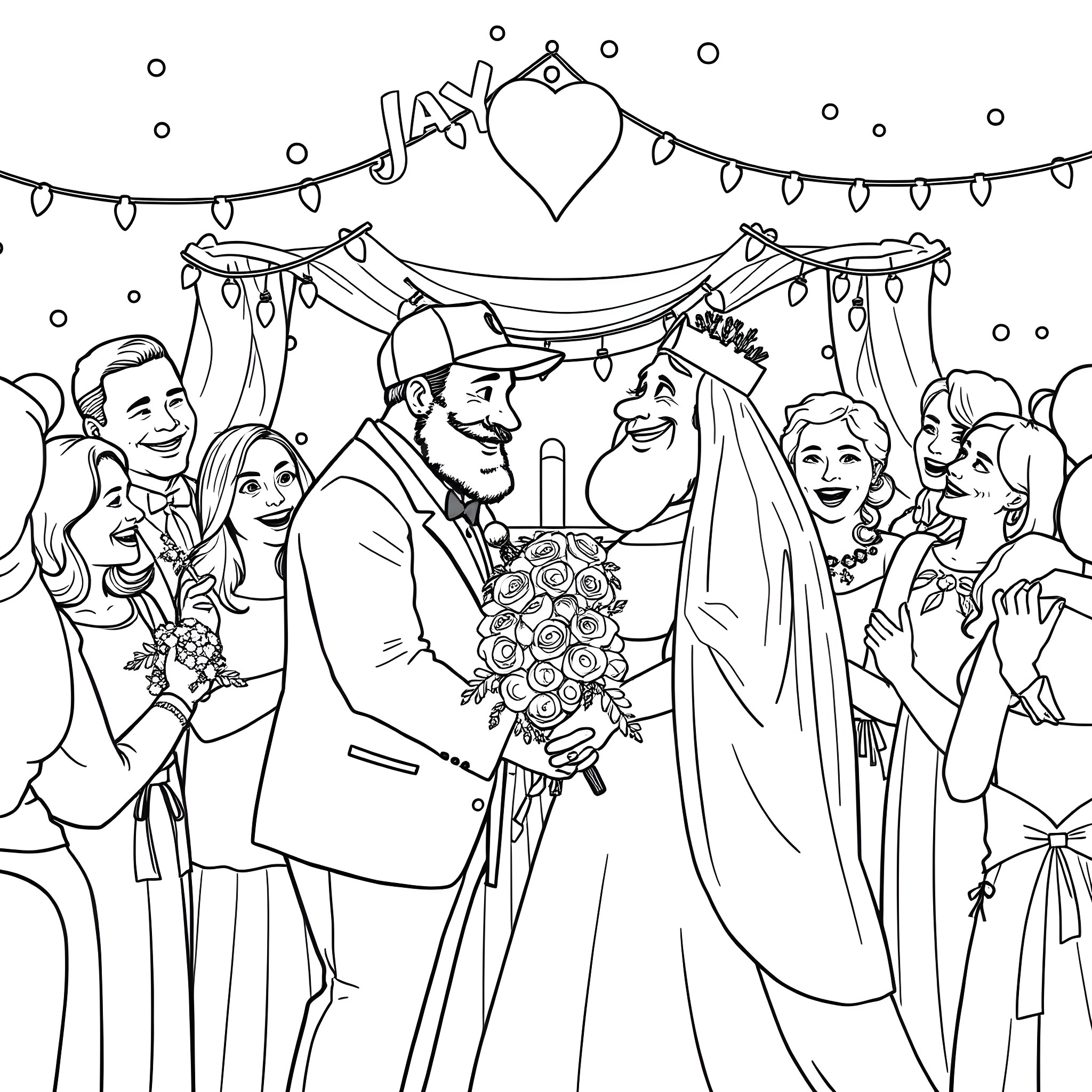 Jay's Joyful Wedding Celebration Coloring Page (free black-and-white line drawing printable PDF for all, from beginners to advanced learners, including children, teens, adults, and seniors)