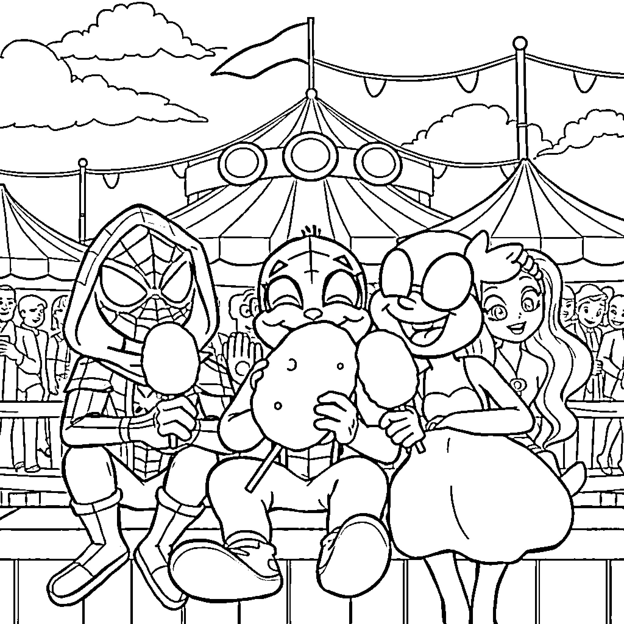 Bluey and Friends Enjoy the Carnival Fun Coloring Page (free black-and-white line drawing printable PDF for all, from beginners to advanced learners, including children, teens, adults, and seniors)