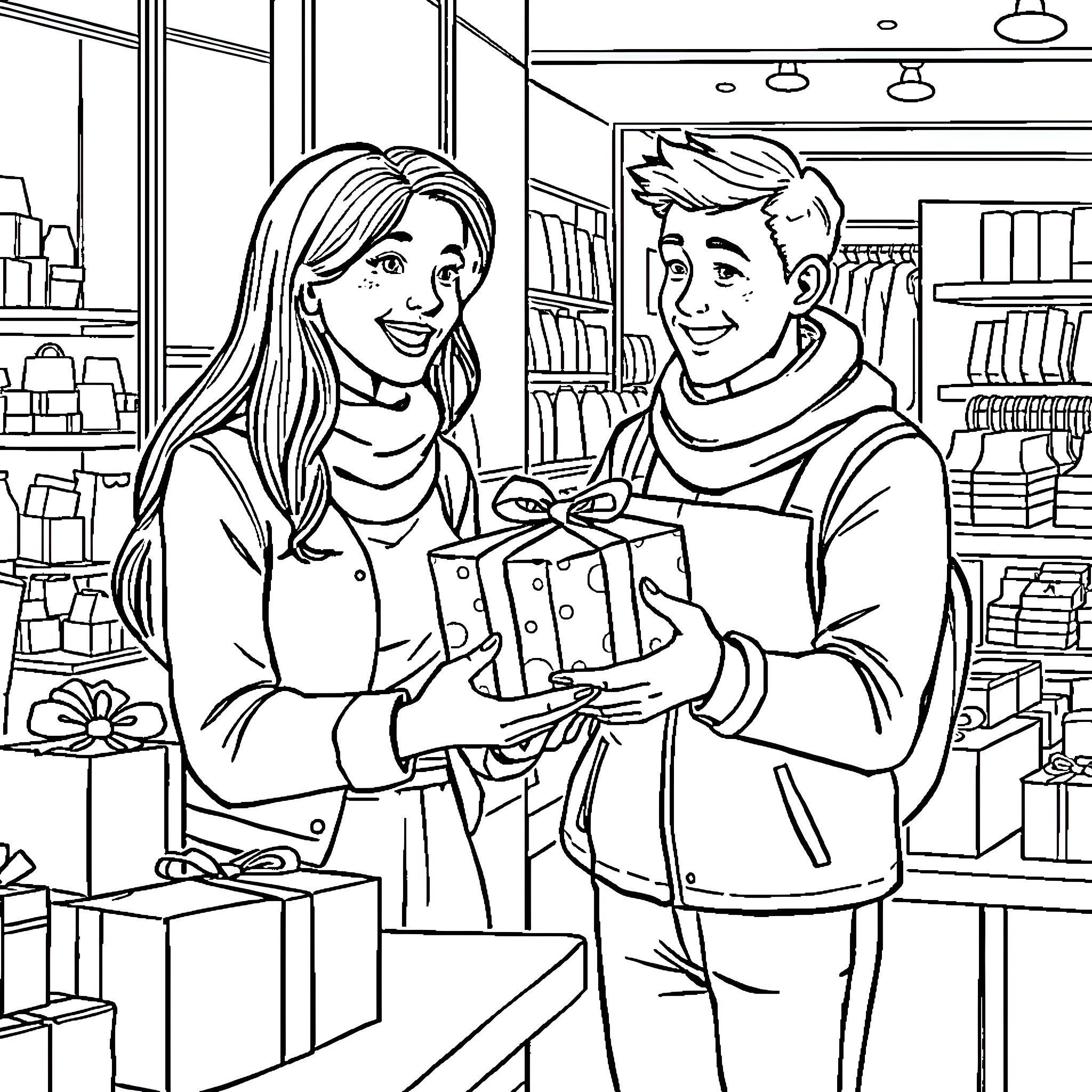 Customer Enjoys Gift Shopping with Cheerful Partner Coloring Page (free black-and-white line drawing printable PDF for all, from beginners to advanced learners, including children, teens, adults, and seniors)