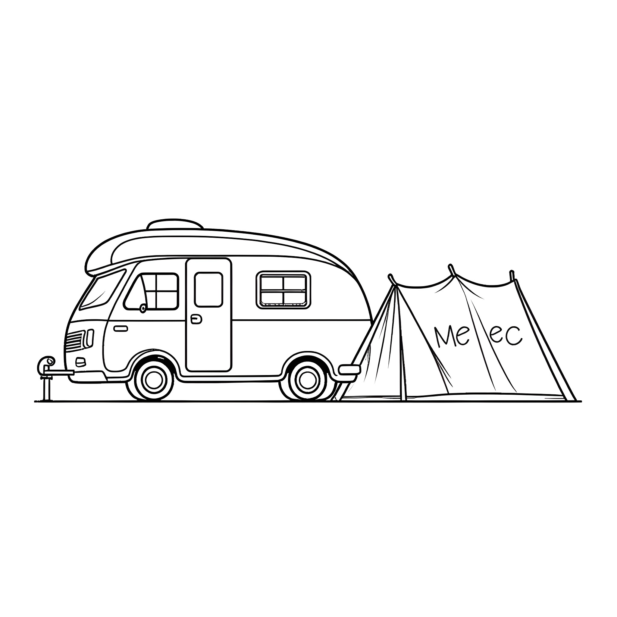Camper van parked by tent in the wilderness Coloring Page (free black-and-white line drawing printable PDF for all, from beginners to advanced learners, including children, teens, adults, and seniors)