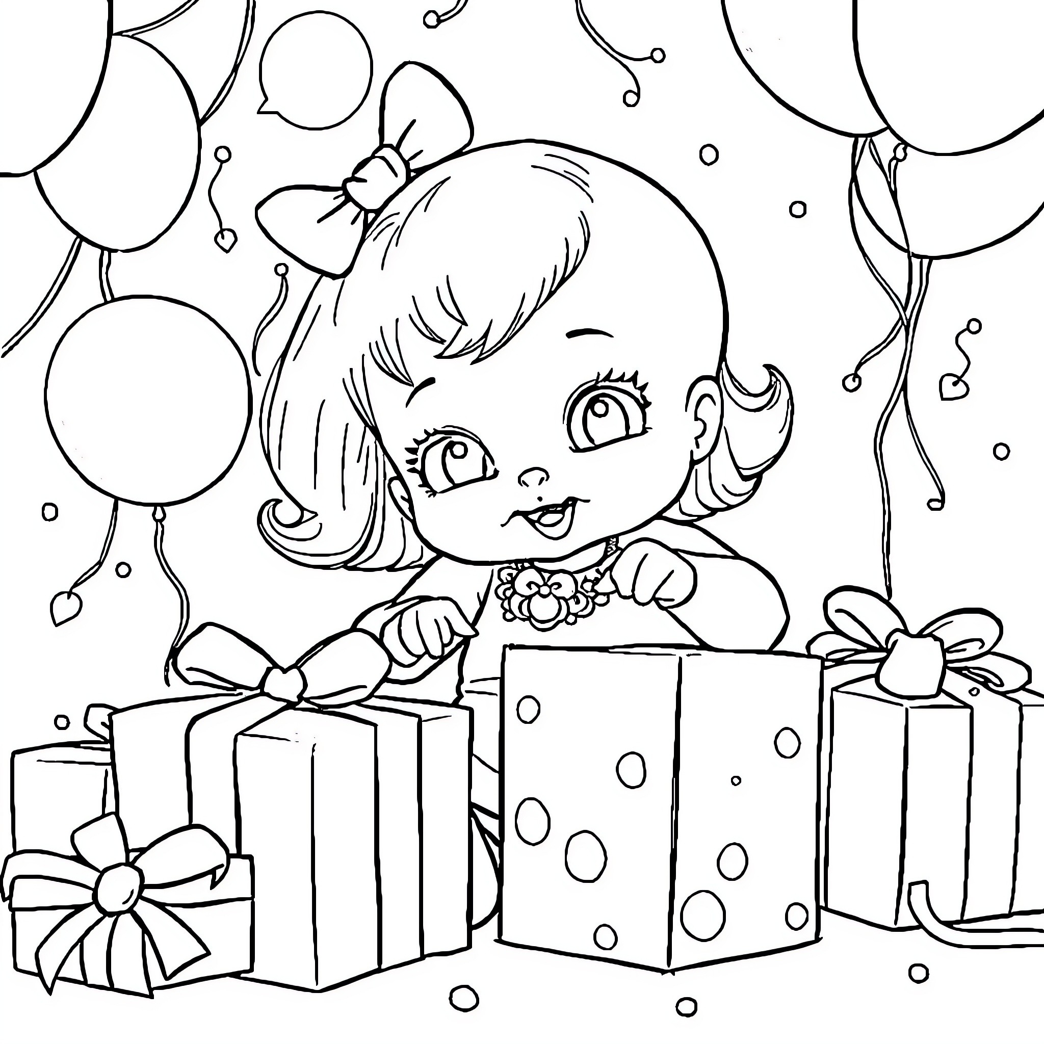 Doll celebrating with presents and balloons Coloring Page (free black-and-white line drawing printable PDF for all, from beginners to advanced learners, including children, teens, adults, and seniors)