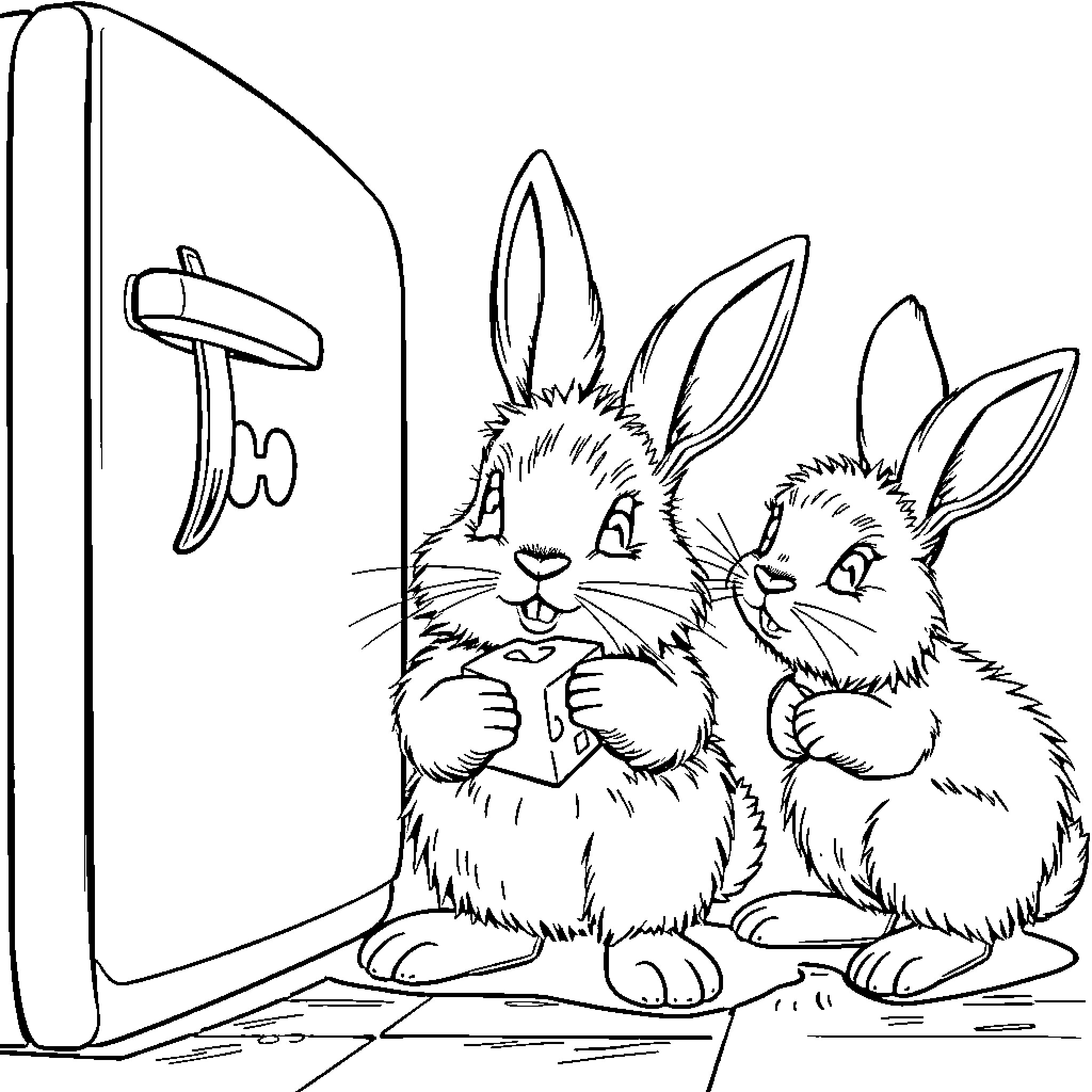 Rabbit siblings looking curiously at a sign Coloring Page (free black-and-white line drawing printable PDF for all, from beginners to advanced learners, including children, teens, adults, and seniors)