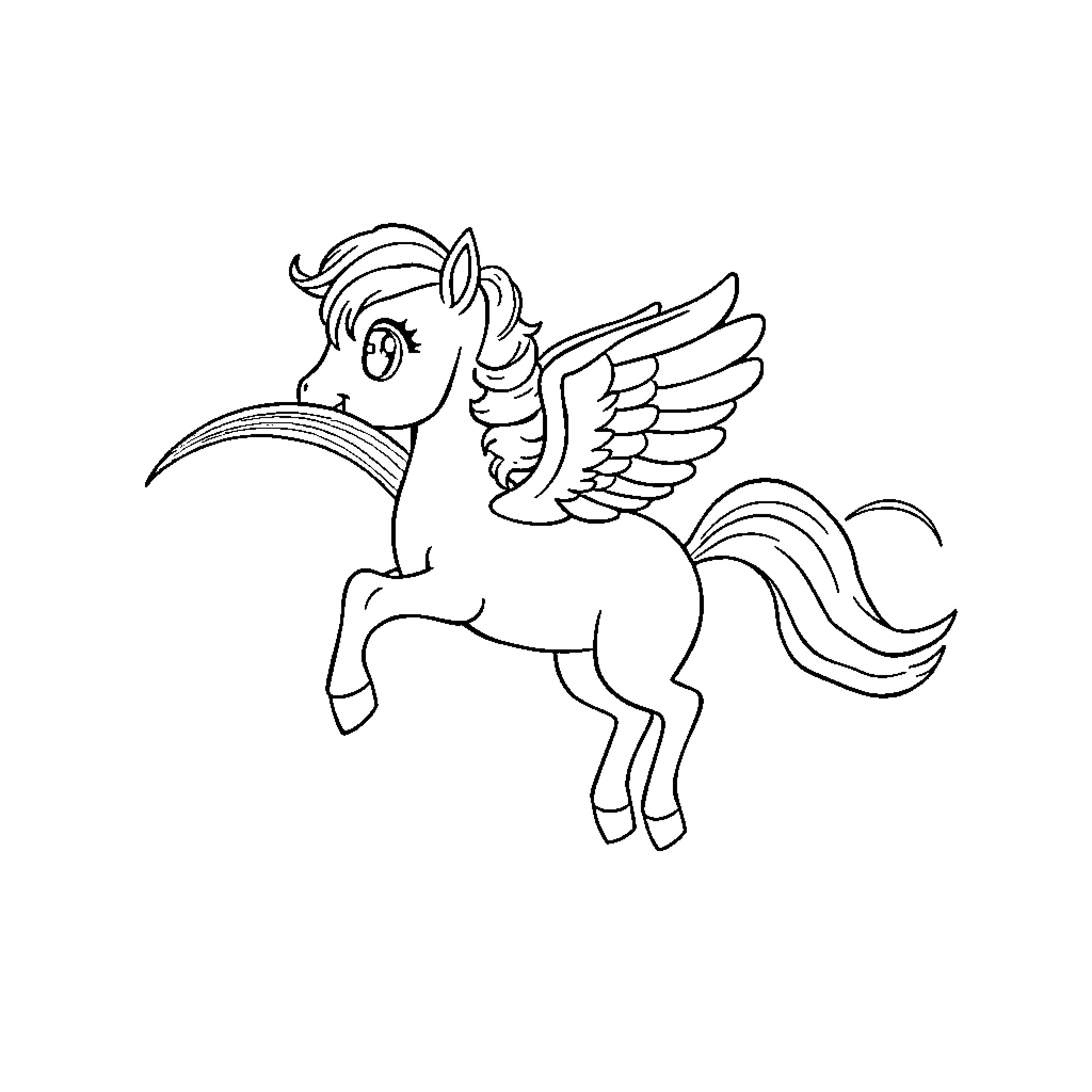 Flying Pony Taking to the Skies Coloring Page (free black-and-white line drawing printable PDF for all, from beginners to advanced learners, including children, teens, adults, and seniors)