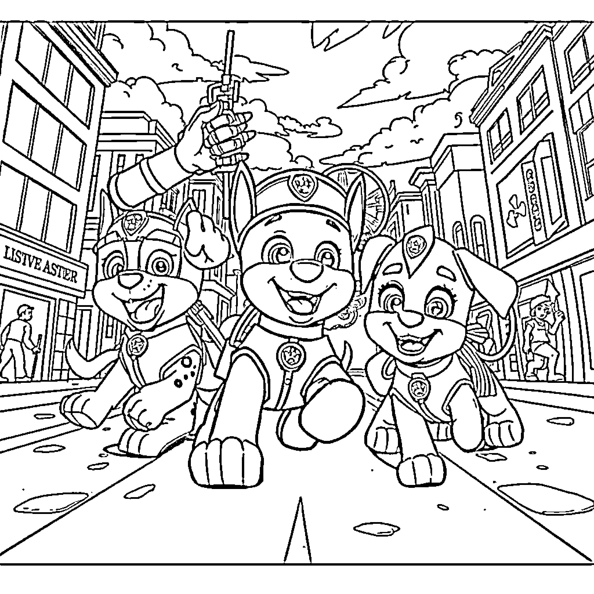 Paw Patrol characters on a city street adventure Coloring Page (free black-and-white line drawing printable PDF for all, from beginners to advanced learners, including children, teens, adults, and seniors)