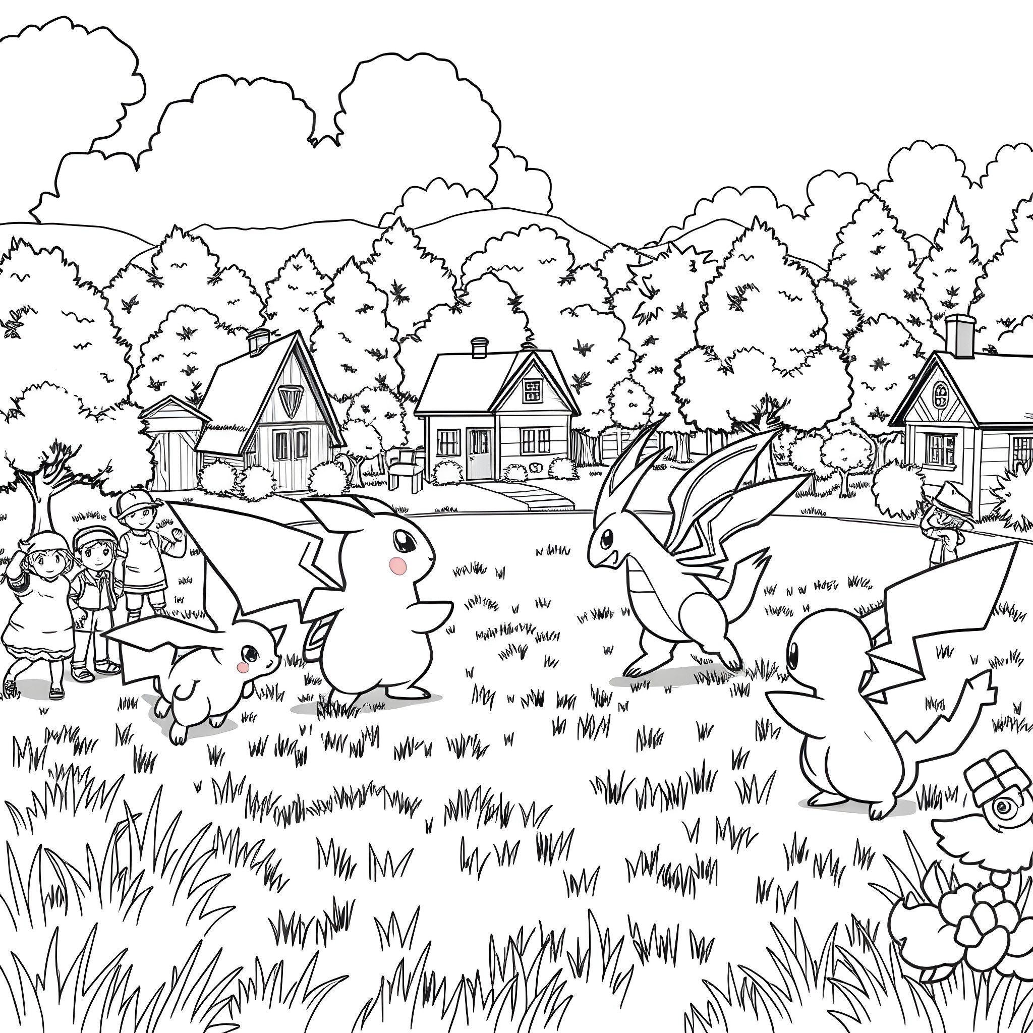 Pokémon characters playing in a whimsical village Coloring Page (free black-and-white line drawing printable PDF for all, from beginners to advanced learners, including children, teens, adults, and seniors)