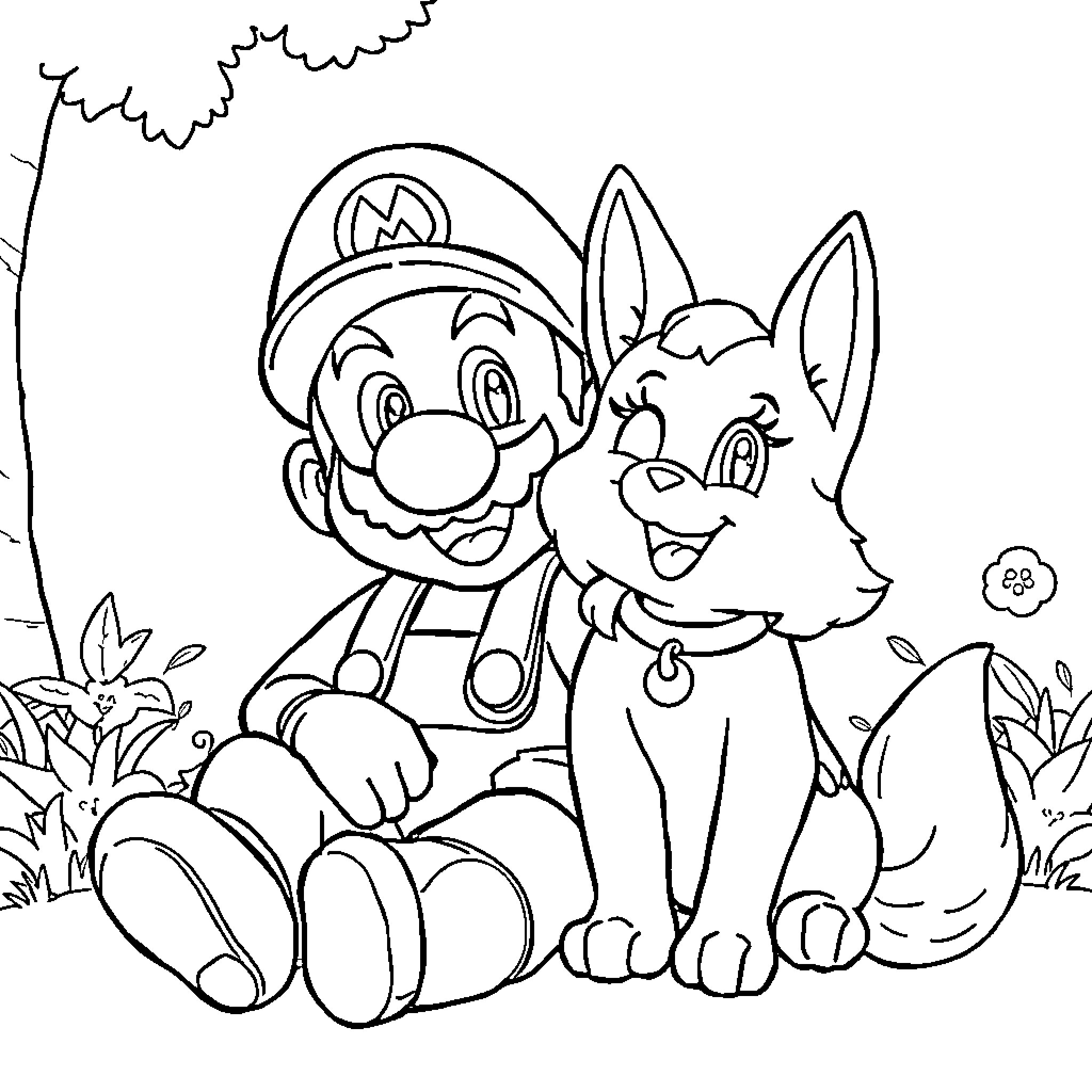 Mario and his animal friend enjoy the outdoors Coloring Page (free black-and-white line drawing printable PDF for all, from beginners to advanced learners, including children, teens, adults, and seniors)