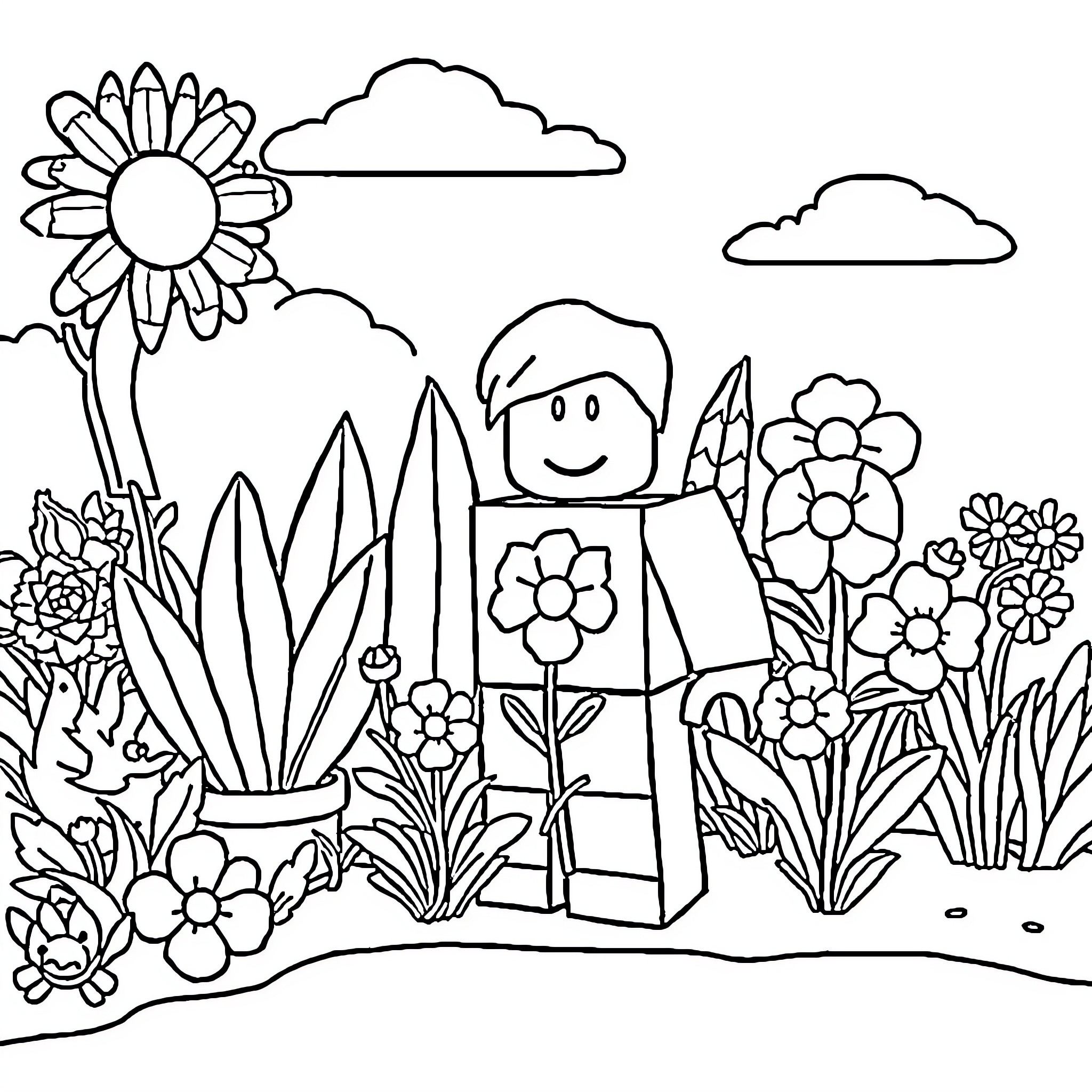 Roblox character exploring a floral garden scene Coloring Page (free black-and-white line drawing printable PDF for all, from beginners to advanced learners, including children, teens, adults, and seniors)