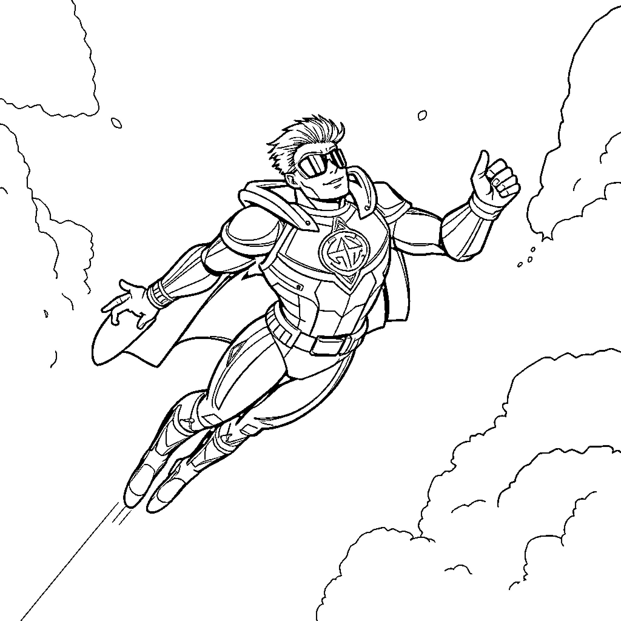 Ironman in heroic action pose flying through the sky Coloring Page (free black-and-white line drawing printable PDF for all, from beginners to advanced learners, including children, teens, adults, and seniors)