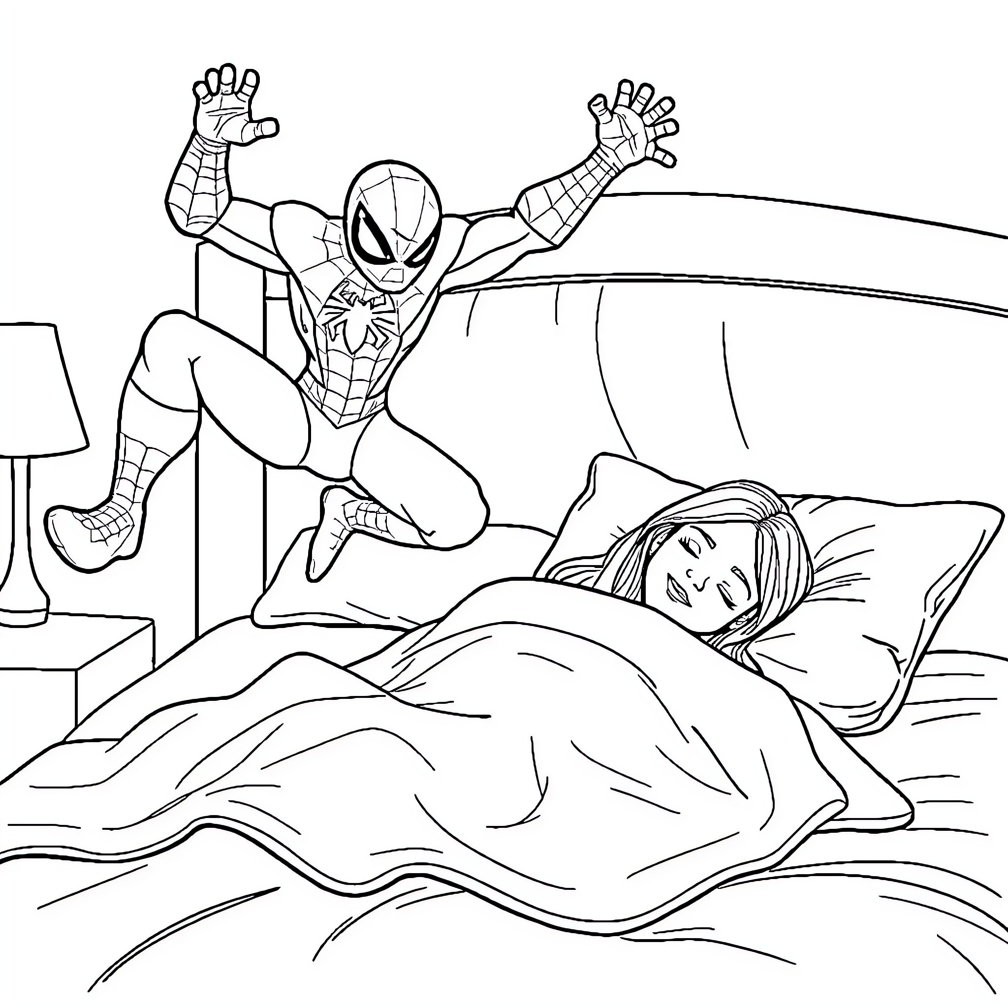 Spiderman watching over a sleeping person Coloring Page (free black-and-white line drawing printable PDF for all, from beginners to advanced learners, including children, teens, adults, and seniors)