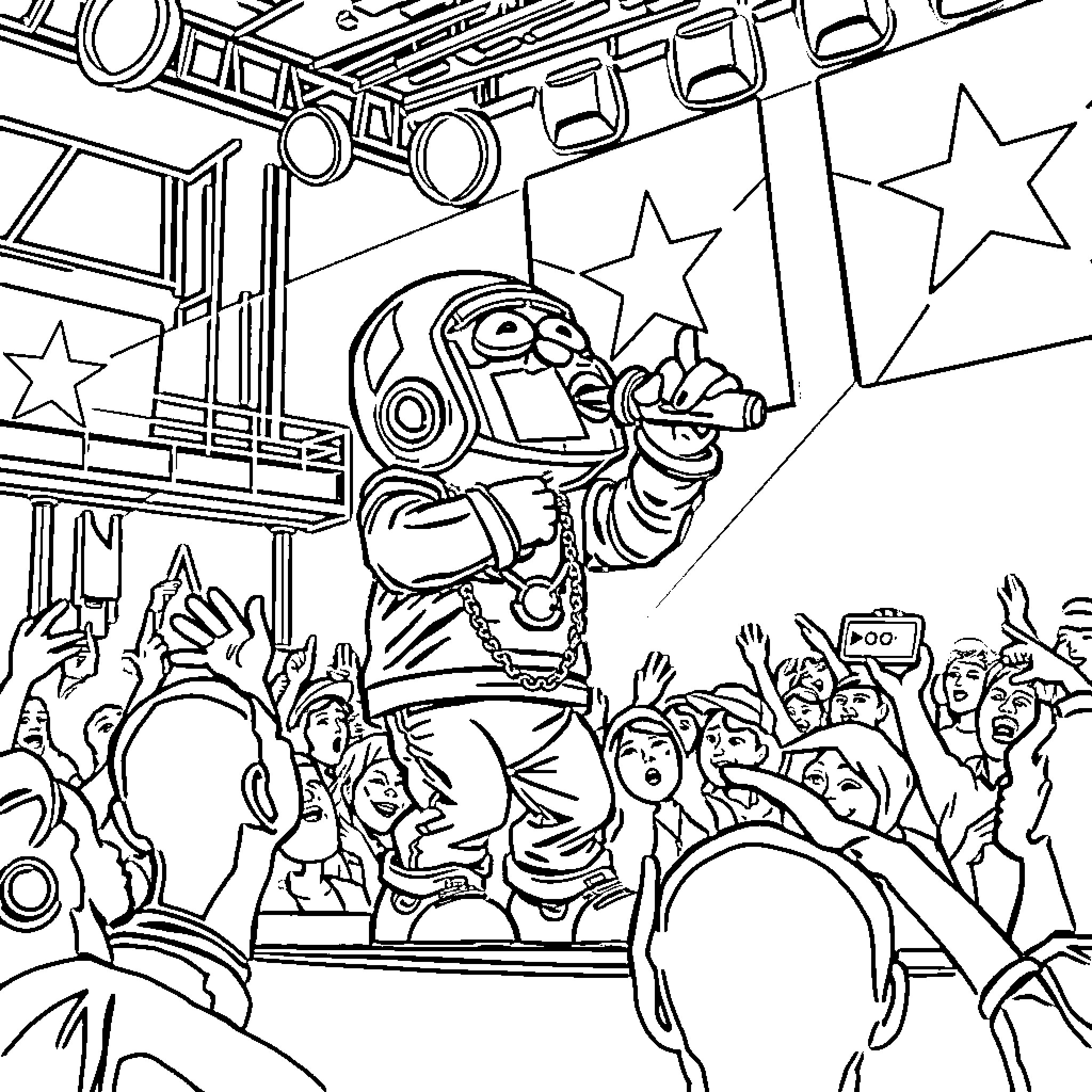 MF DOOM Performing on Stage with Excited Crowd Coloring Page (free black-and-white line drawing printable PDF for all, from beginners to advanced learners, including children, teens, adults, and seniors)