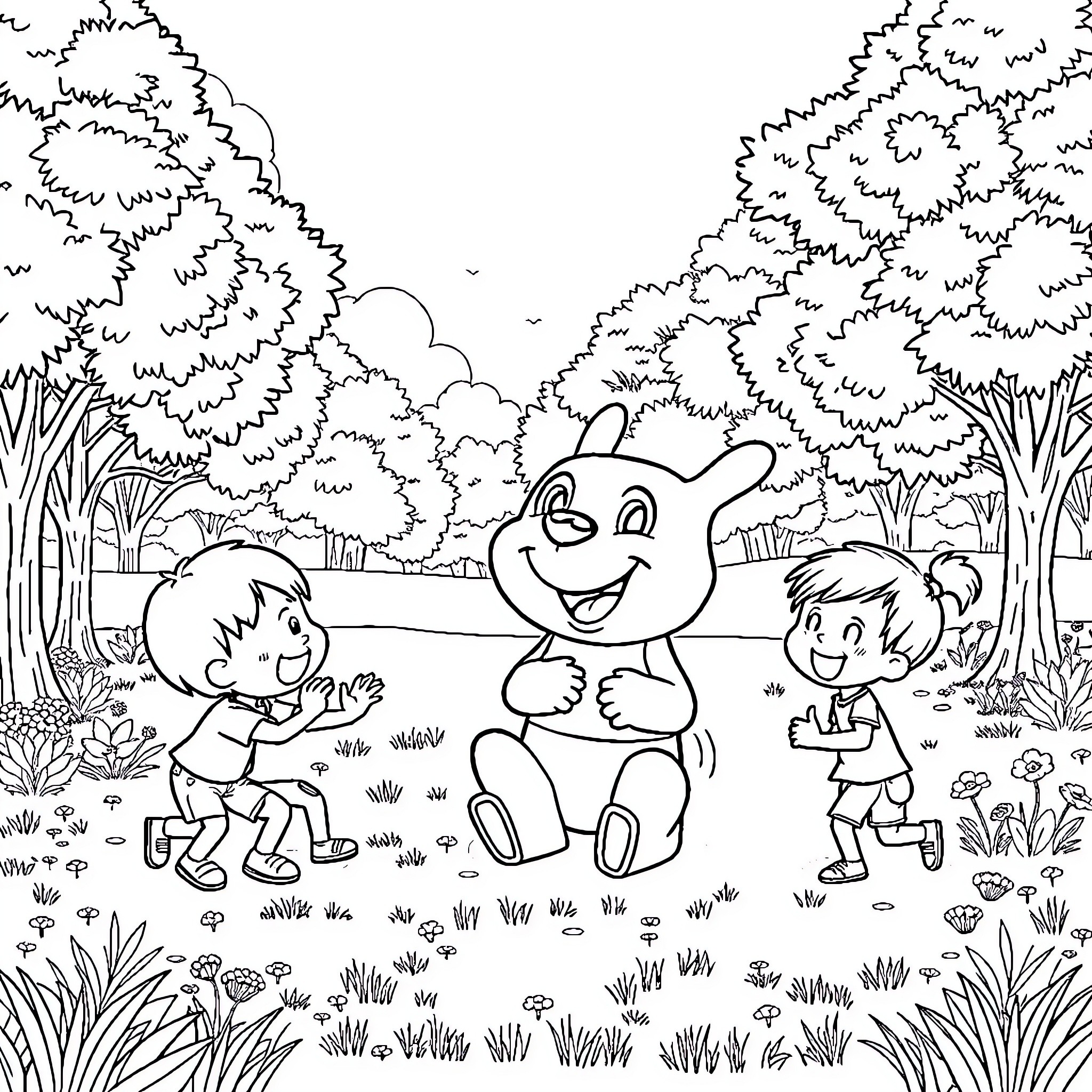 Labubu and Children Playing Outdoors Coloring Page (free black-and-white line drawing printable PDF for all, from beginners to advanced learners, including children, teens, adults, and seniors)