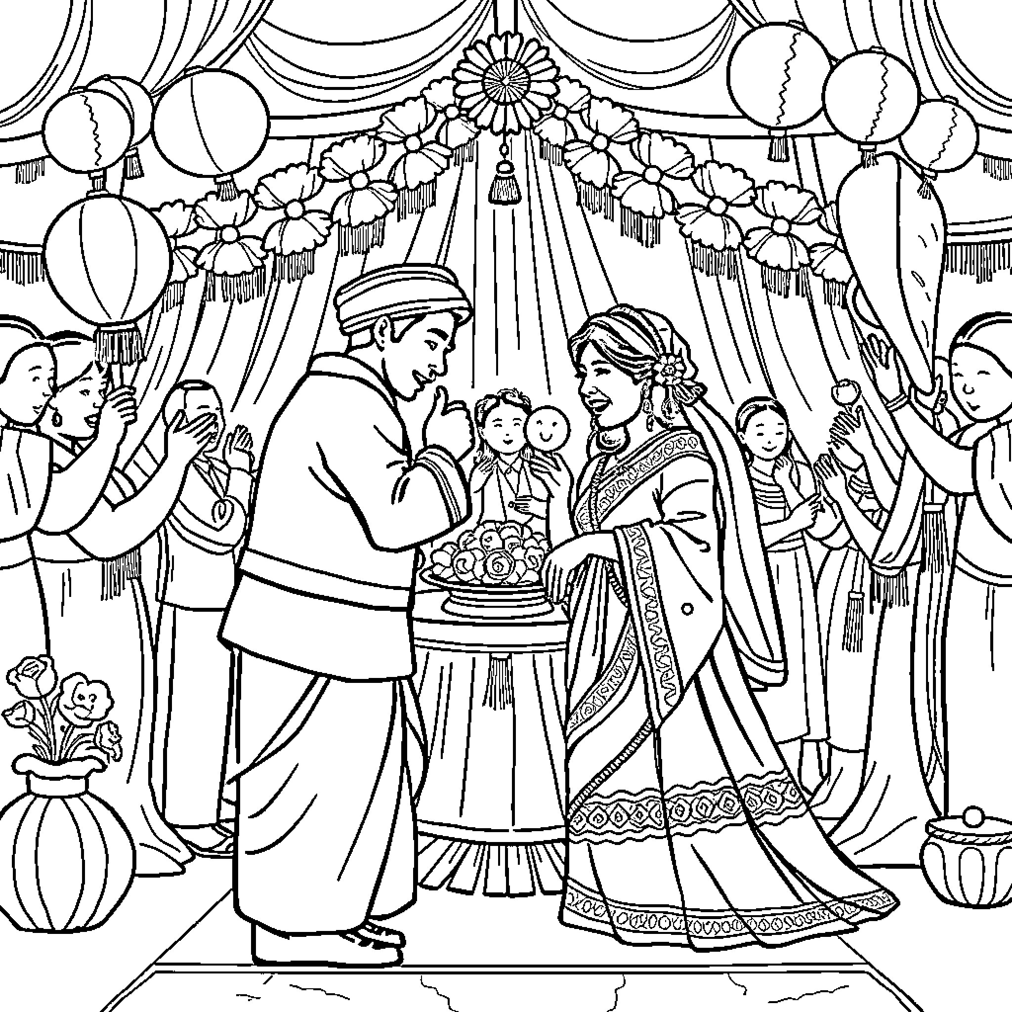Tradition of Celebration with Festive Attire and Decorations Coloring Page (free black-and-white line drawing printable PDF for all, from beginners to advanced learners, including children, teens, adults, and seniors)