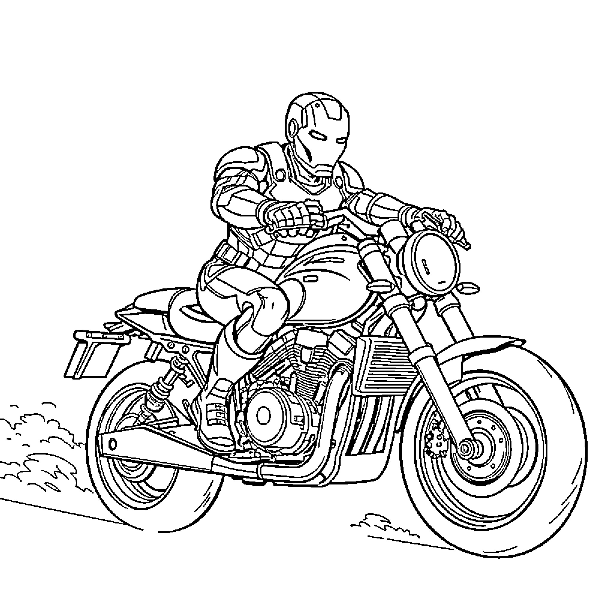 Ironman riding a powerful motorcycle on the road Coloring Page (free black-and-white line drawing printable PDF for all, from beginners to advanced learners, including children, teens, adults, and seniors)