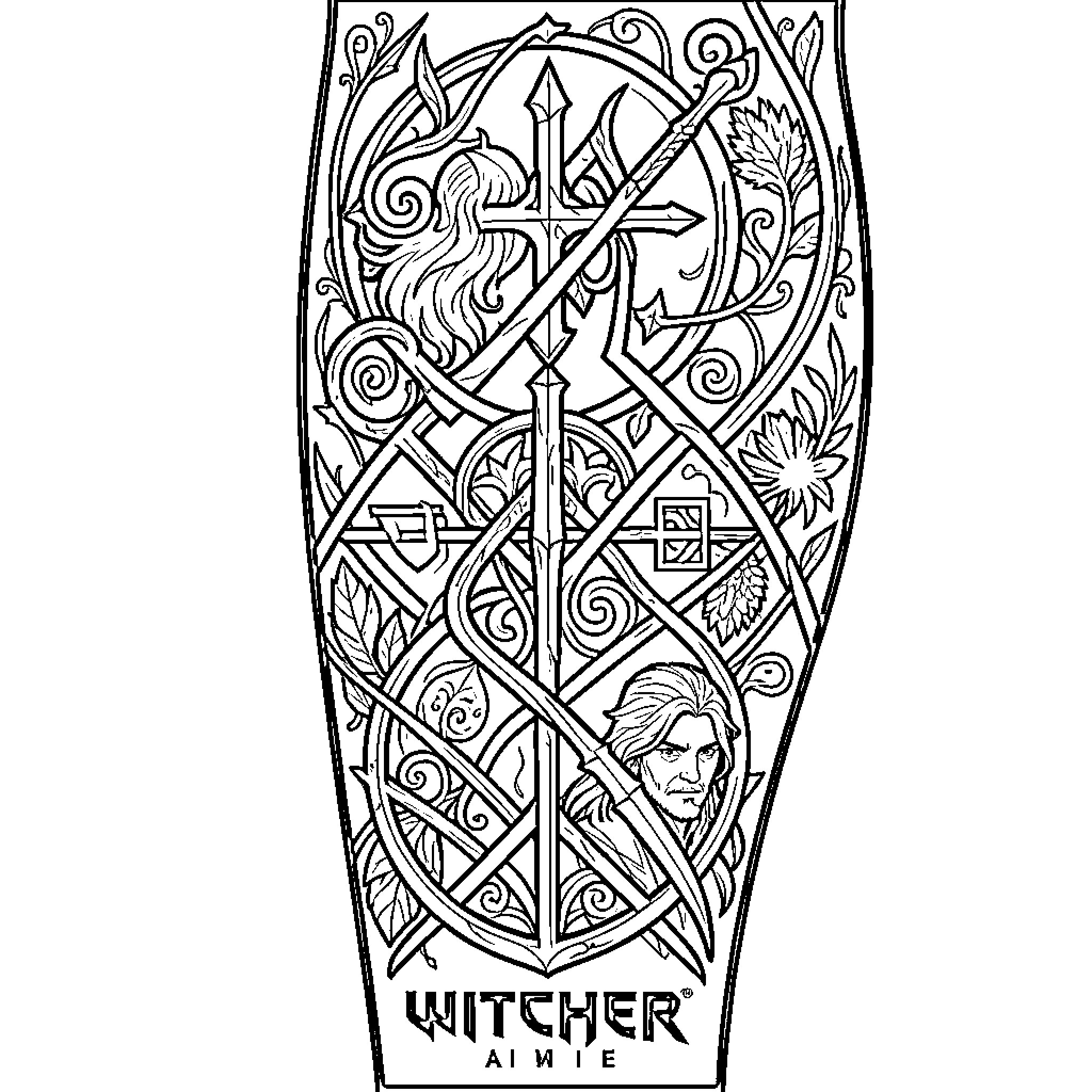 Witcher's Crest with Intricate Floral Designs Coloring Page (free black-and-white line drawing printable PDF for all, from beginners to advanced learners, including children, teens, adults, and seniors)