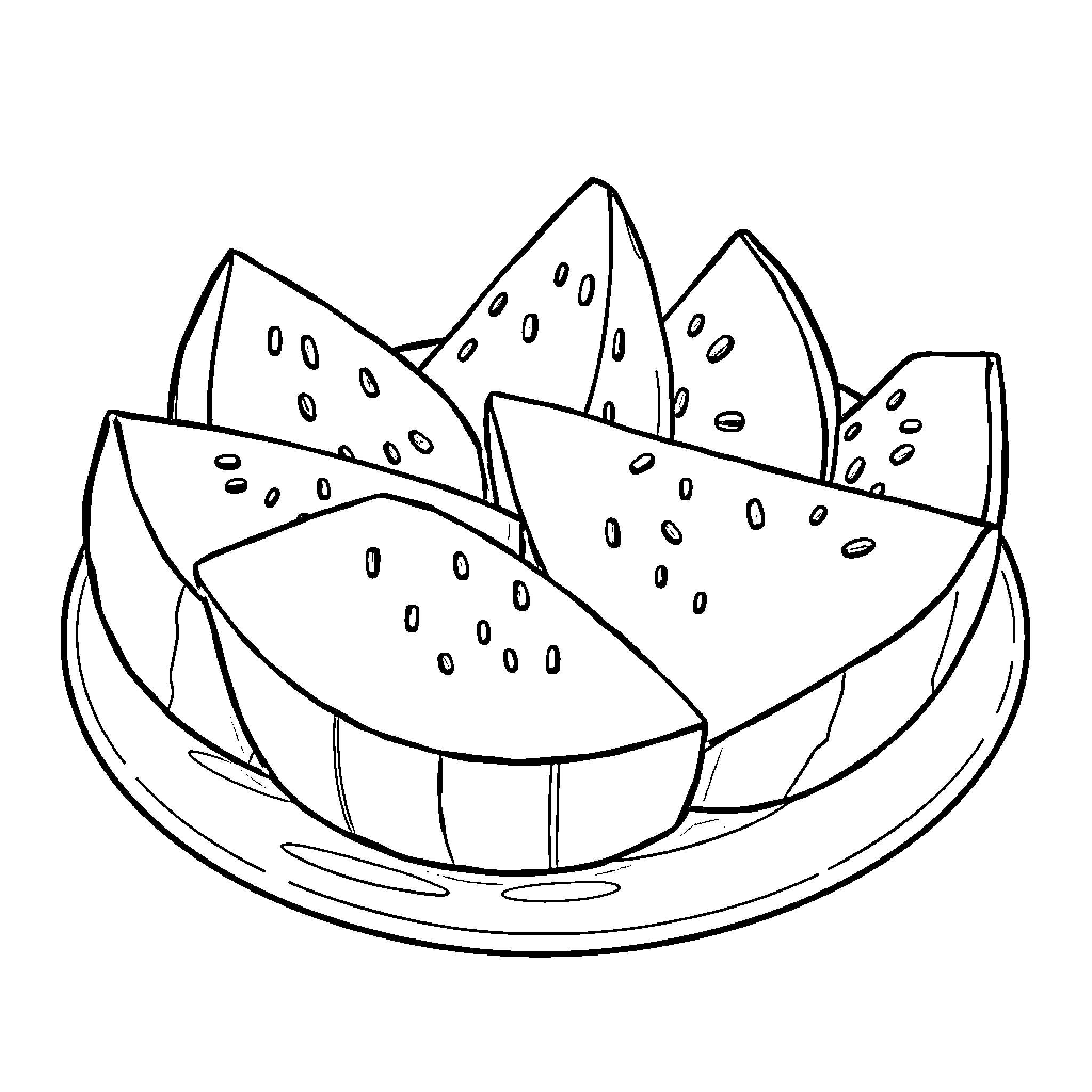 Watermelon slices on a plate Coloring Page (free black-and-white line drawing printable PDF for all, from beginners to advanced learners, including children, teens, adults, and seniors)