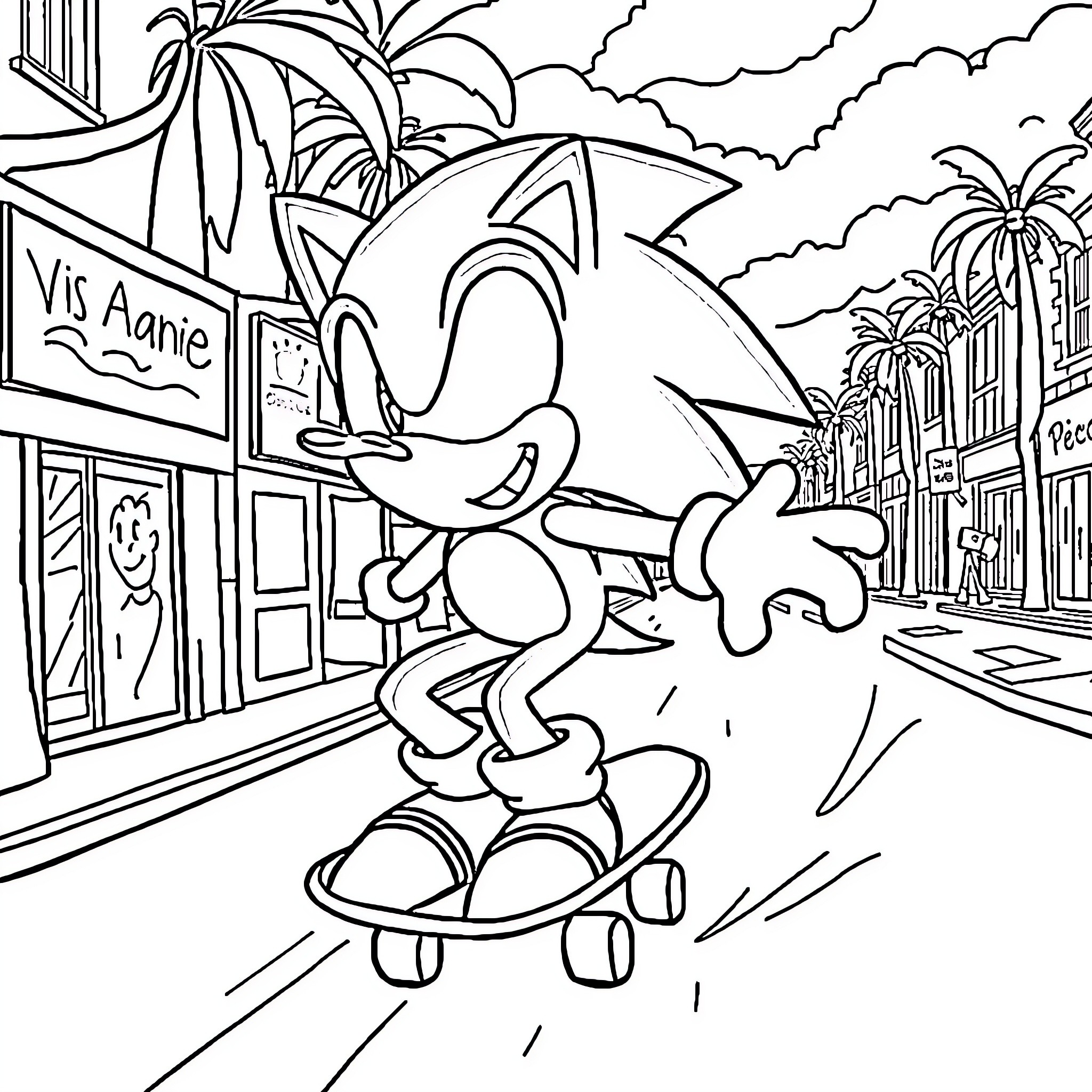 Sonic skateboarding through a lively city street Coloring Page (free black-and-white line drawing printable PDF for all, from beginners to advanced learners, including children, teens, adults, and seniors)