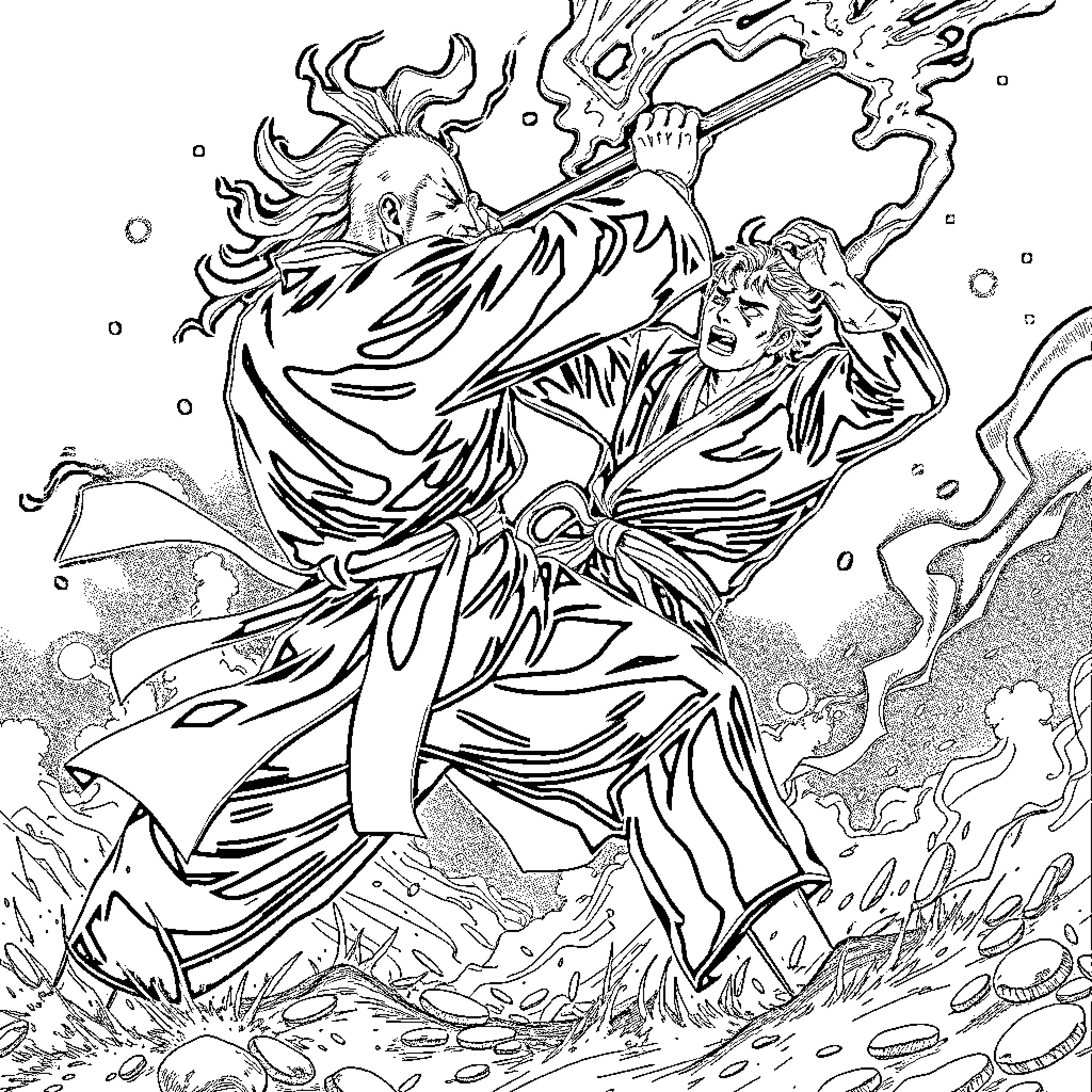 Toshi's Mystic Encounter with the Ethereal Warrior Coloring Page (free black-and-white line drawing printable PDF for all, from beginners to advanced learners, including children, teens, adults, and seniors)