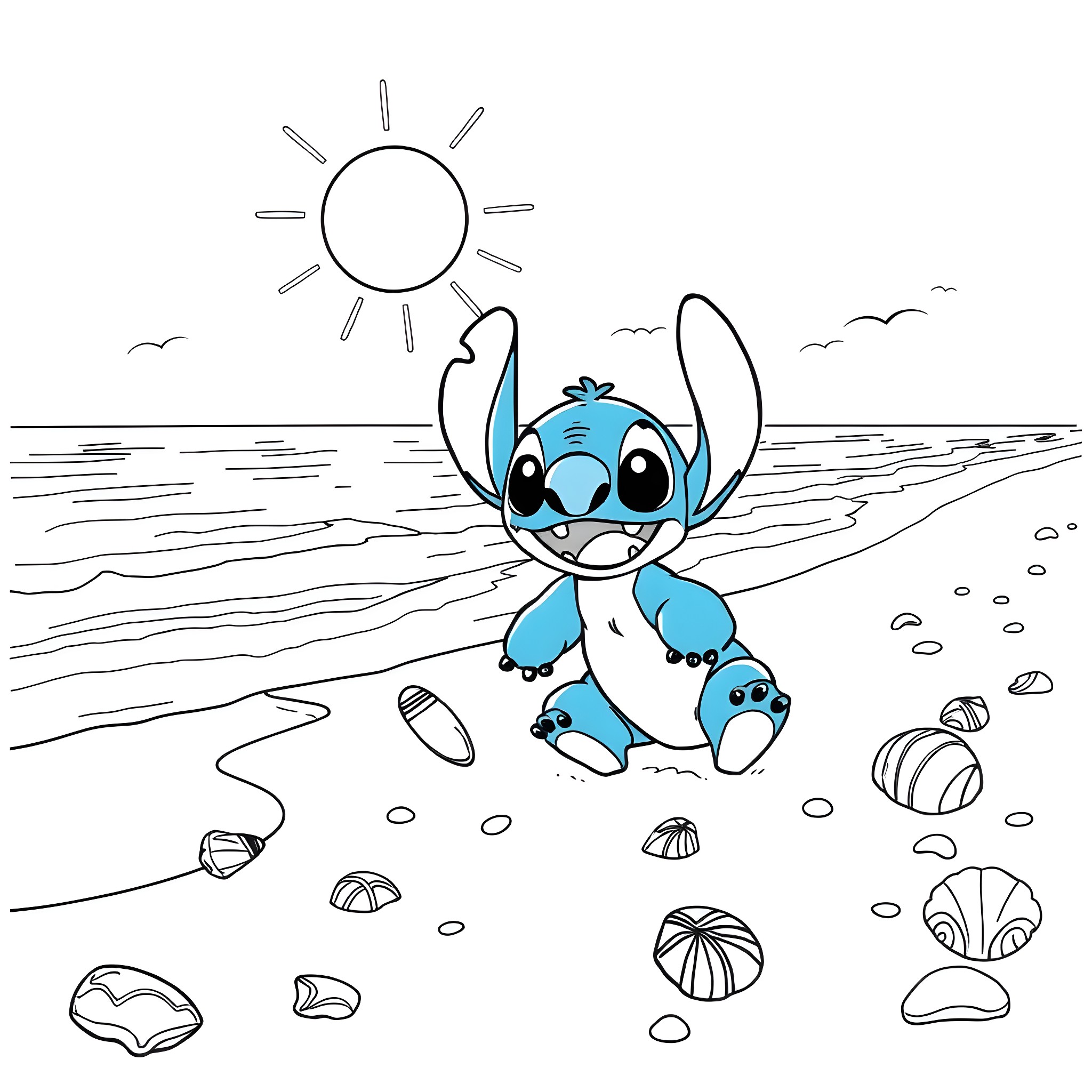 Bluey playing on the beach with seashells Coloring Page (free black-and-white line drawing printable PDF for all, from beginners to advanced learners, including children, teens, adults, and seniors)