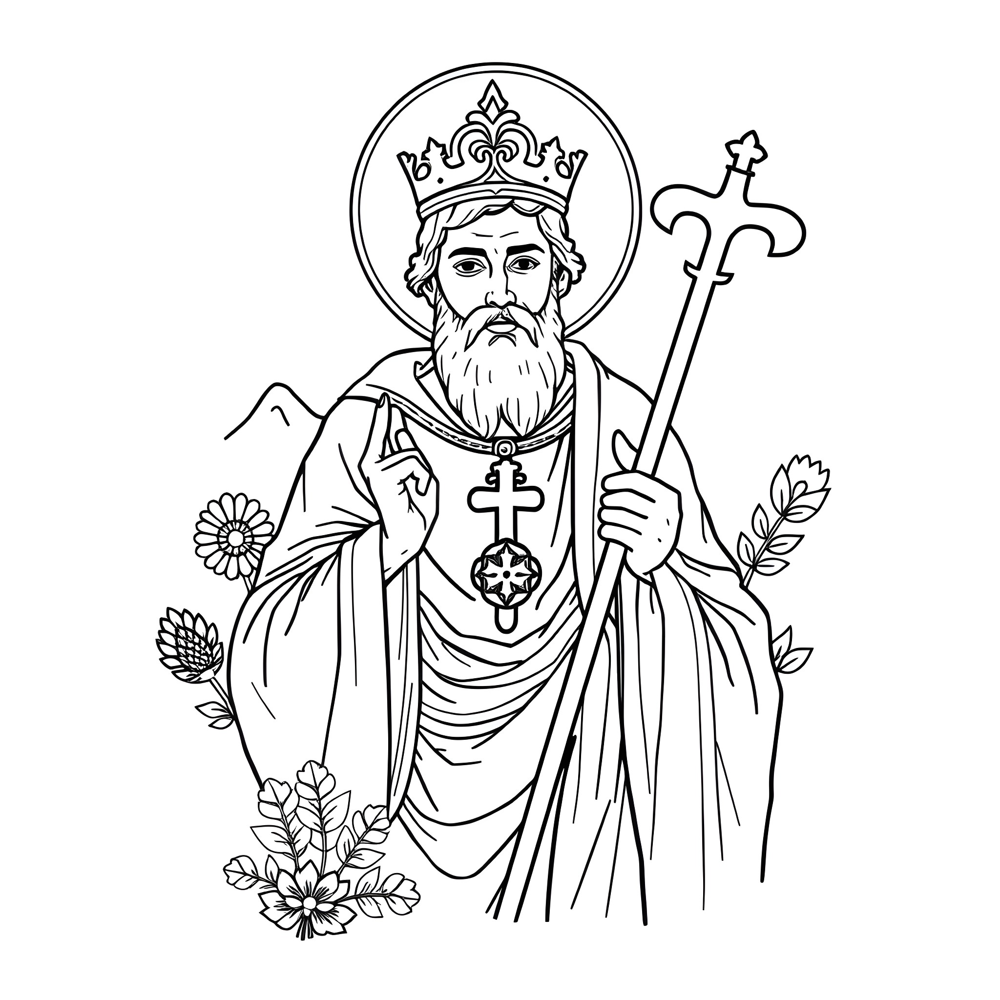 Saint Gabriel in Ornate Robes Holding a Cross Coloring Page (free black-and-white line drawing printable PDF for all, from beginners to advanced learners, including children, teens, adults, and seniors)
