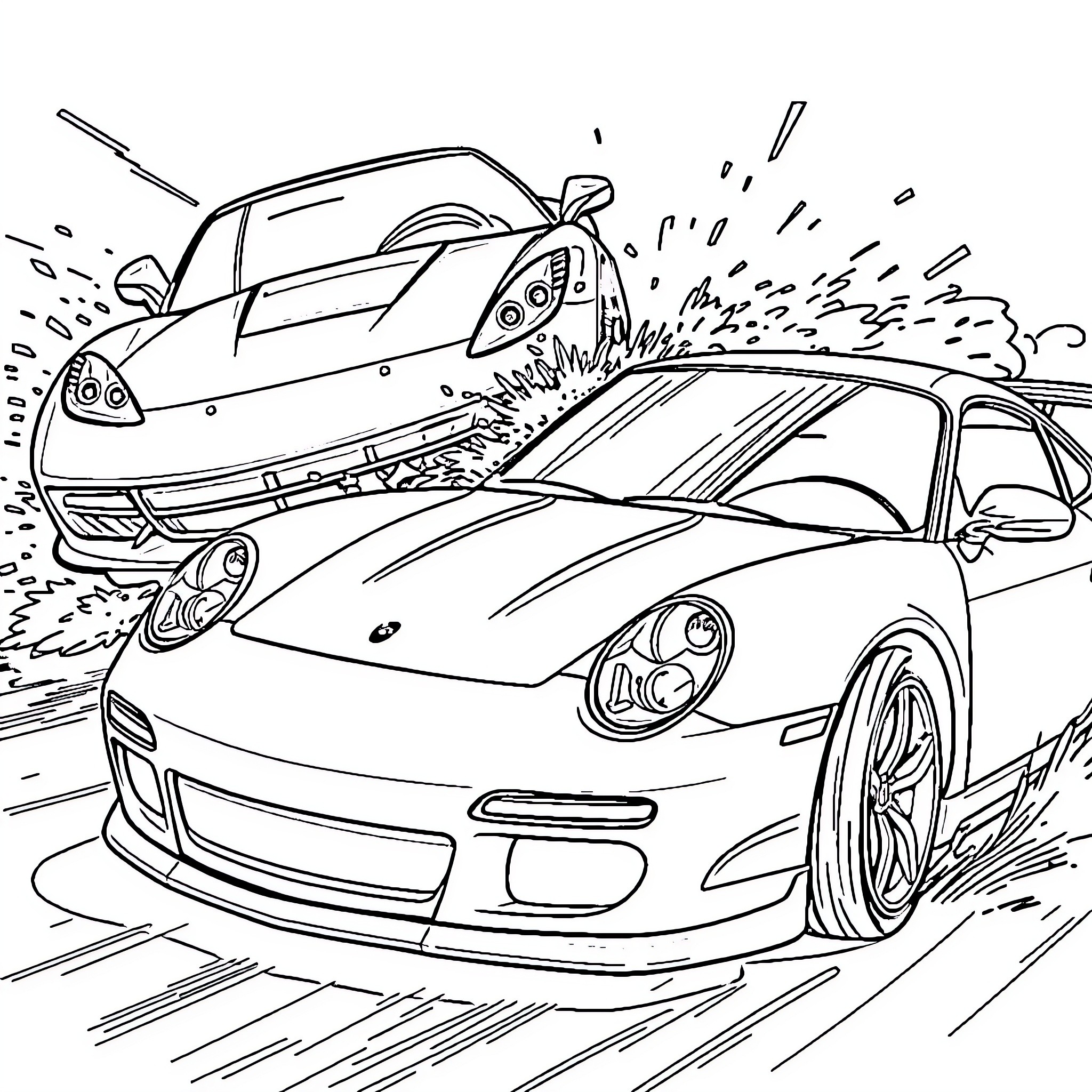 Corvette racing through challenging terrain Coloring Page (free black-and-white line drawing printable PDF for all, from beginners to advanced learners, including children, teens, adults, and seniors)