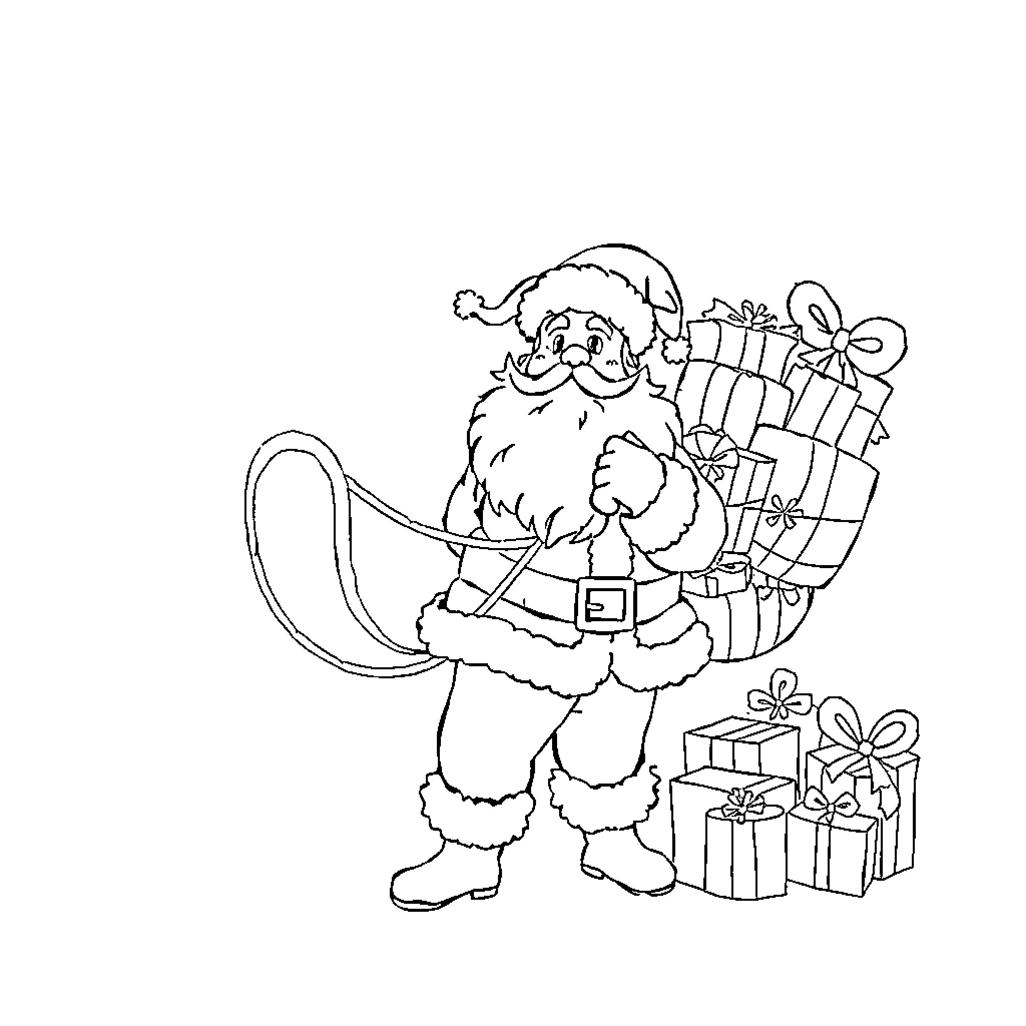Père Noël delivering gifts with a sack Coloring Page (free black-and-white line drawing printable PDF for all, from beginners to advanced learners, including children, teens, adults, and seniors)