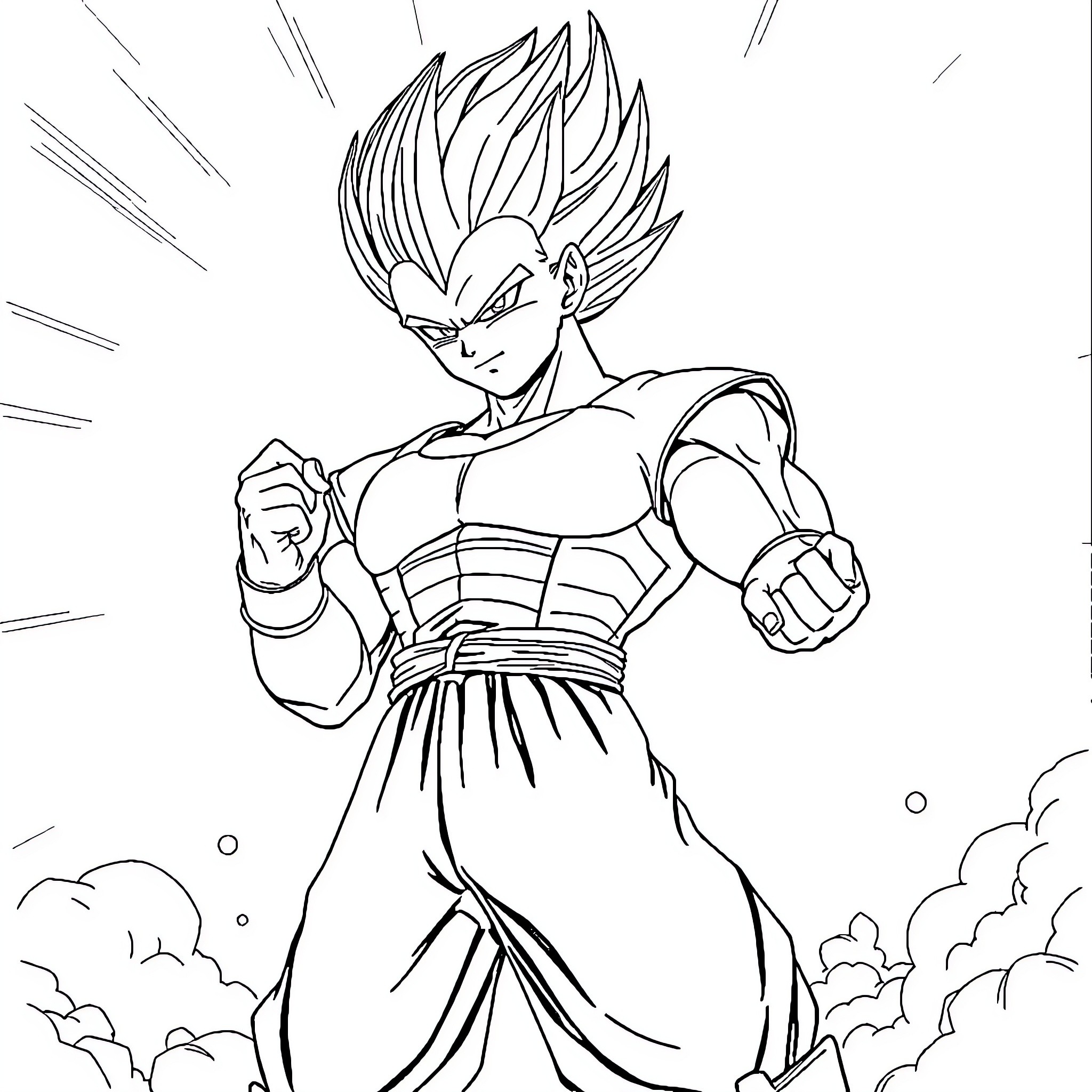 Vegeta powering up with fierce determination Coloring Page (free black-and-white line drawing printable PDF for all, from beginners to advanced learners, including children, teens, adults, and seniors)