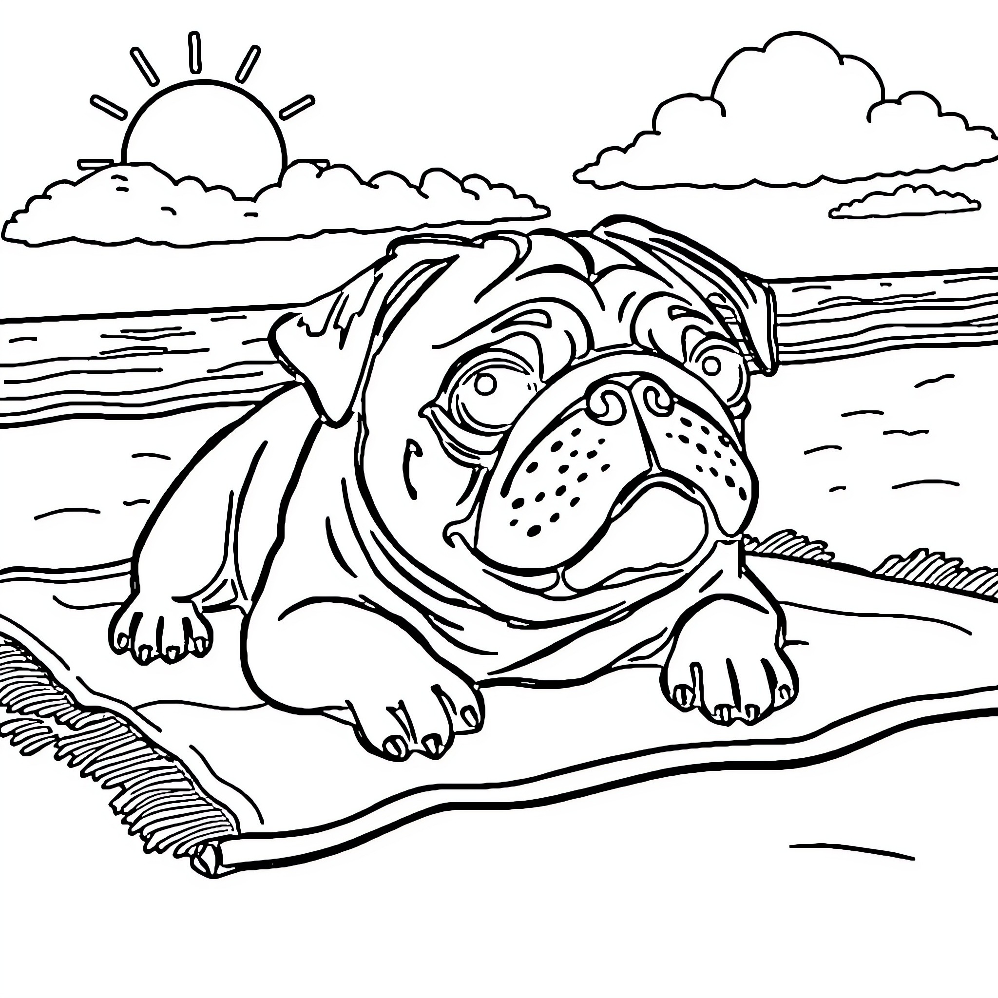 Pug relaxing on the beach Coloring Page (free black-and-white line drawing printable PDF for all, from beginners to advanced learners, including children, teens, adults, and seniors)