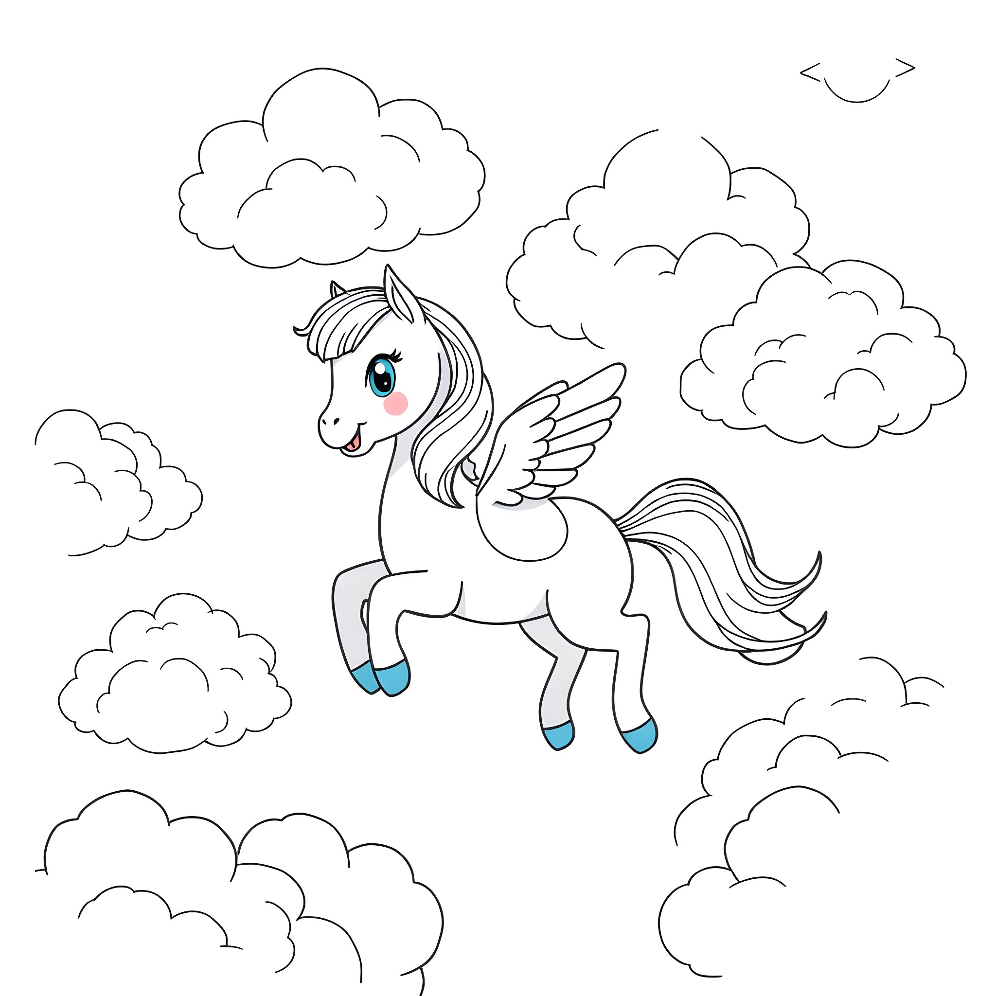 Bluey's Cloudy Pegasus Adventure Coloring Page (free black-and-white line drawing printable PDF for all, from beginners to advanced learners, including children, teens, adults, and seniors)