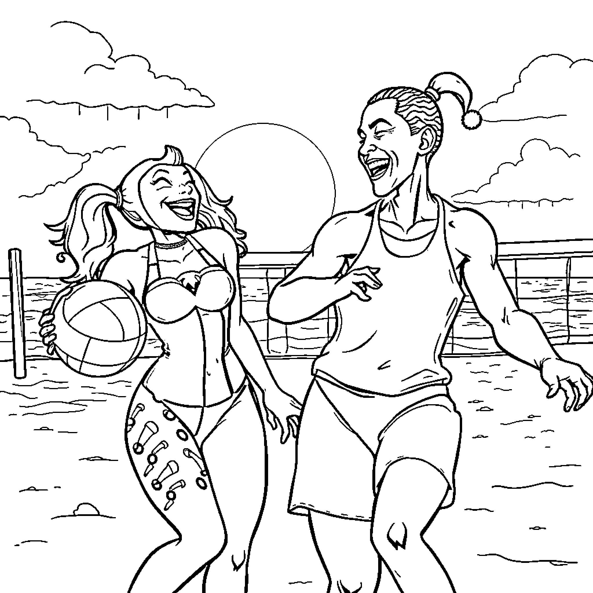 Harley Quinn and friend enjoying beach time Coloring Page (free black-and-white line drawing printable PDF for all, from beginners to advanced learners, including children, teens, adults, and seniors)