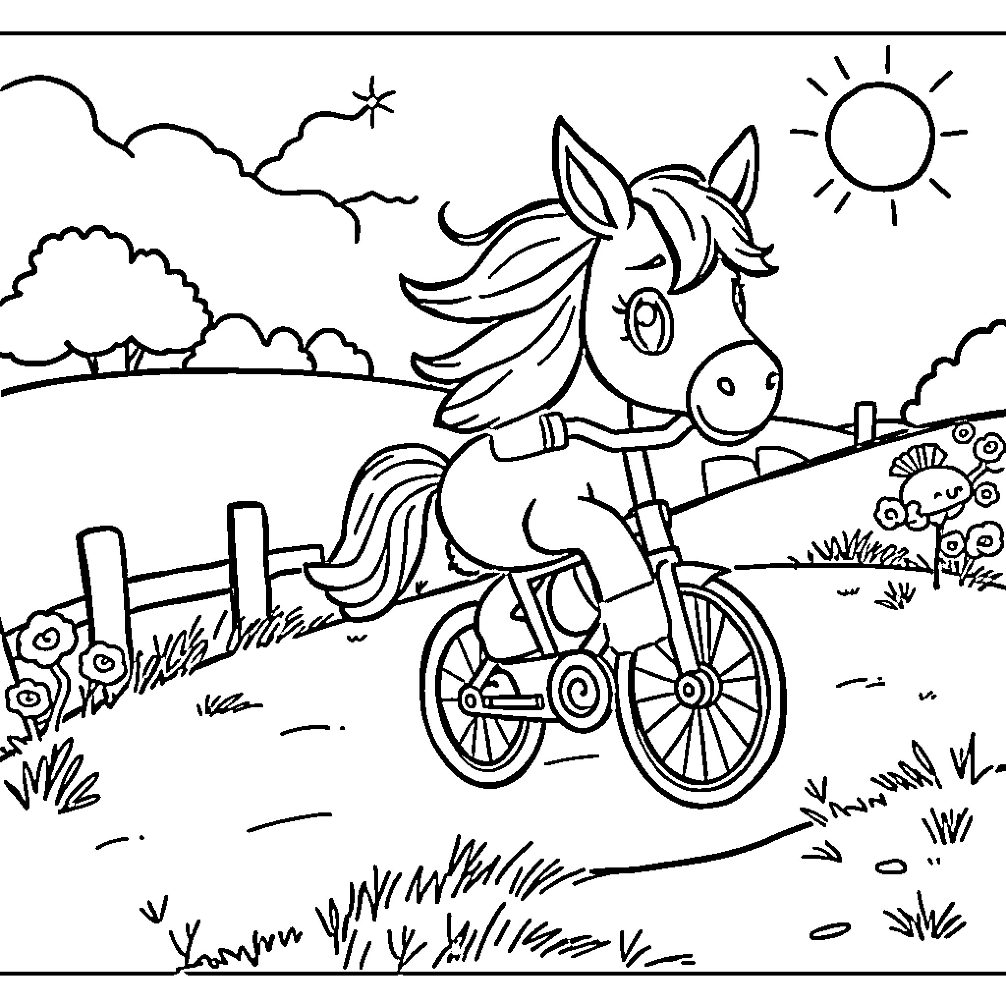 Pony riding a bicycle in a scenic countryside Coloring Page (free black-and-white line drawing printable PDF for all, from beginners to advanced learners, including children, teens, adults, and seniors)
