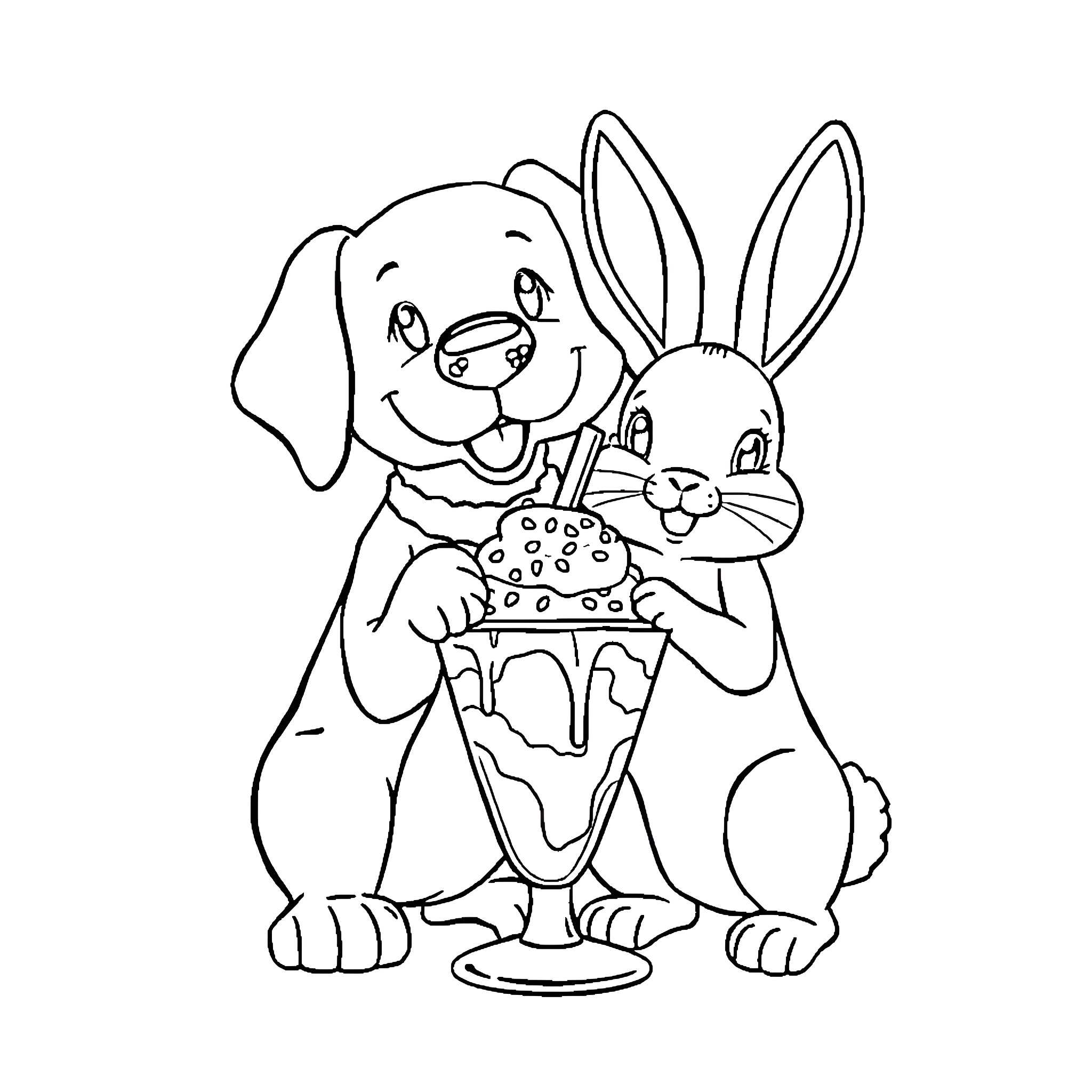Beagle and Bunny Enjoying Ice Cream Together Coloring Page (free black-and-white line drawing printable PDF for all, from beginners to advanced learners, including children, teens, adults, and seniors)