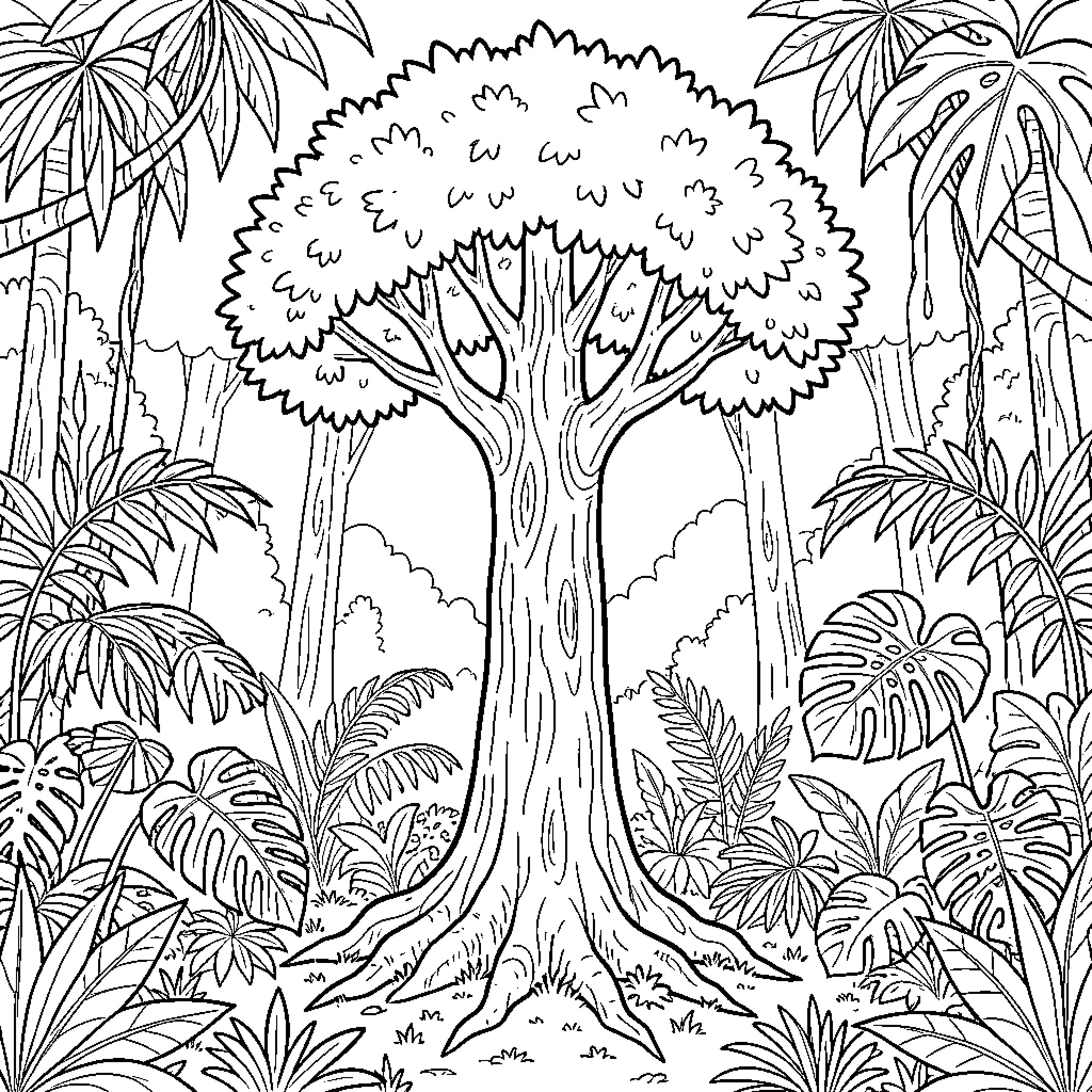 Tree standing amidst lush tropical jungle vegetation Coloring Page (free black-and-white line drawing printable PDF for all, from beginners to advanced learners, including children, teens, adults, and seniors)