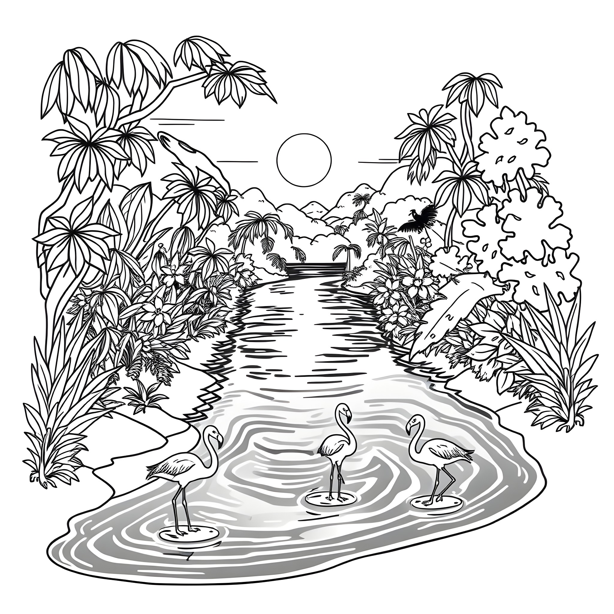 Flamingos wading in a tranquil tropical pond Coloring Page (free black-and-white line drawing printable PDF for all, from beginners to advanced learners, including children, teens, adults, and seniors)
