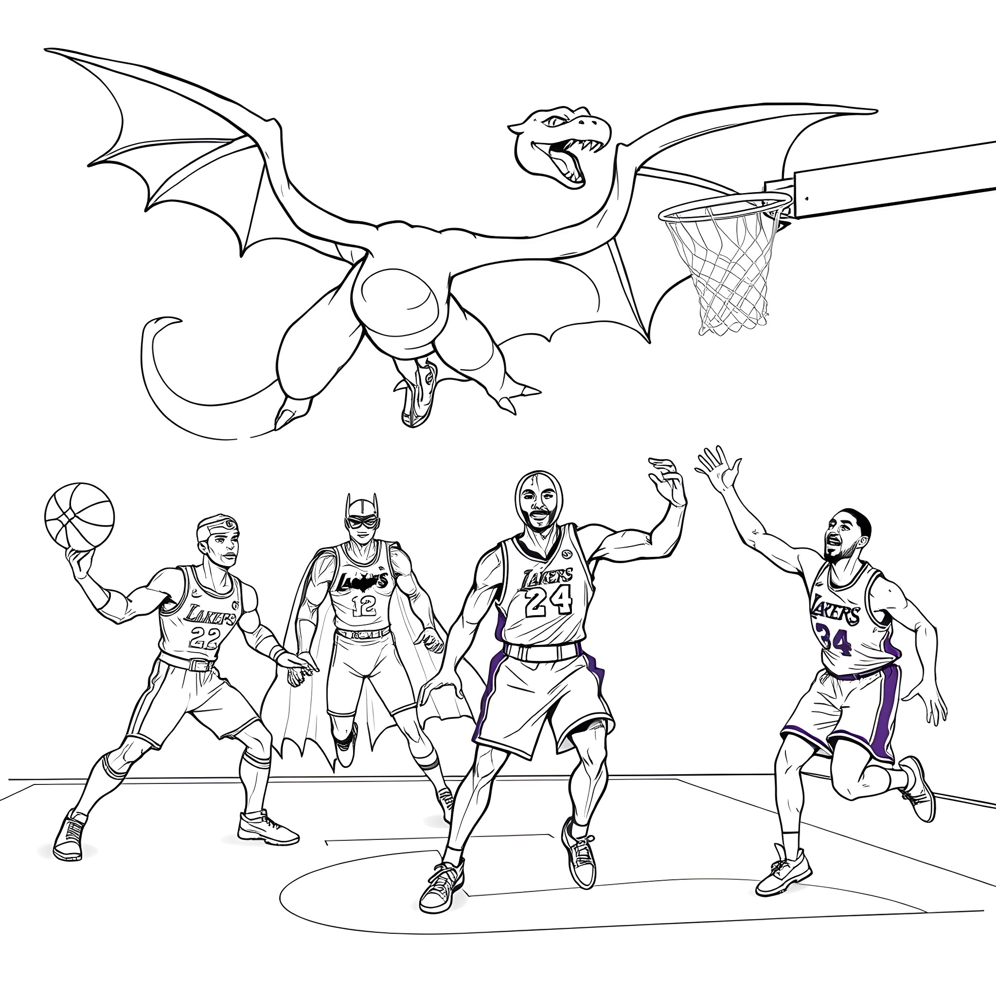 Charizard dunking basketball with NBA players Coloring Page (free black-and-white line drawing printable PDF for all, from beginners to advanced learners, including children, teens, adults, and seniors)