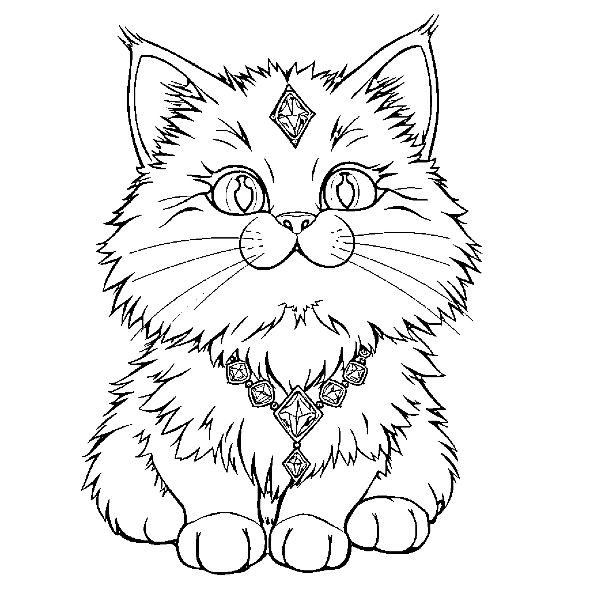 Cat with Intricate Collar Coloring Page (free black-and-white line drawing printable PDF for all, from beginners to advanced learners, including children, teens, adults, and seniors)