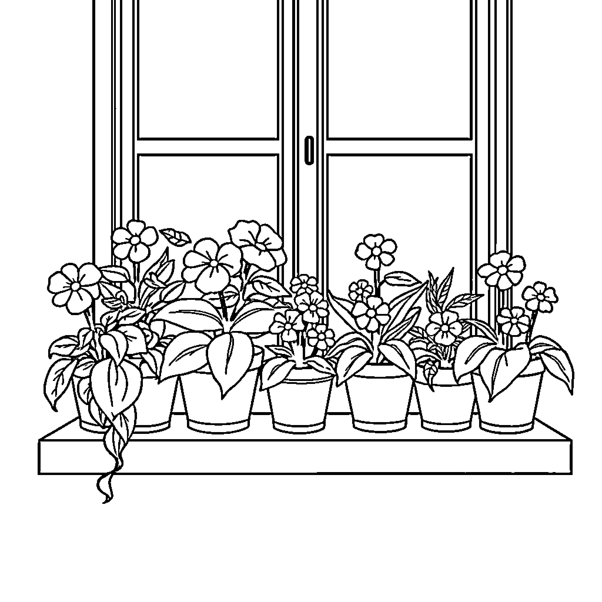 Plant Potted in Window Display Coloring Page (free black-and-white line drawing printable PDF for all, from beginners to advanced learners, including children, teens, adults, and seniors)